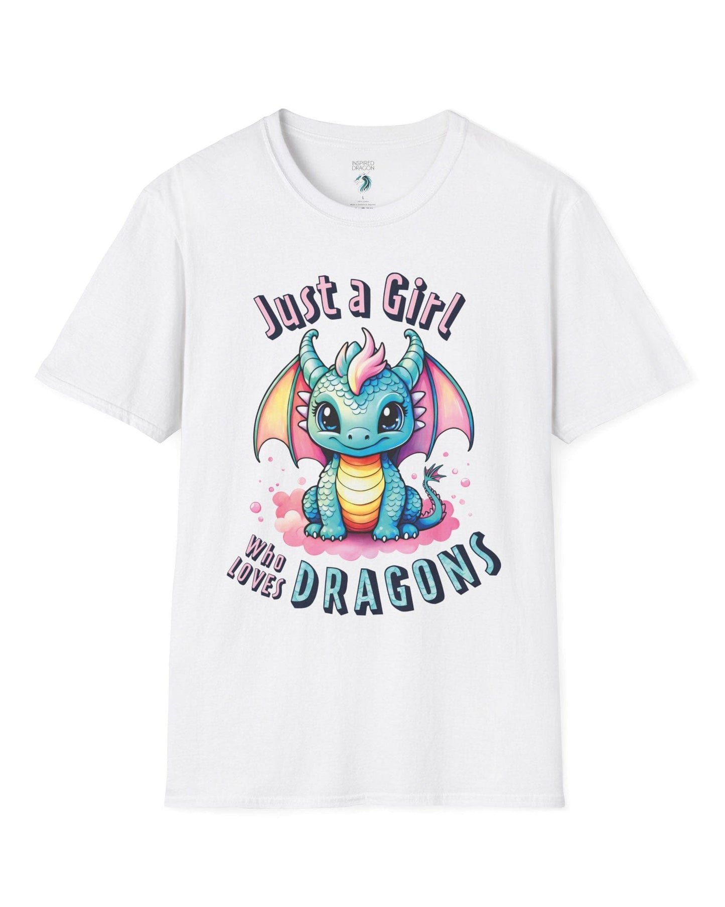 Just a Girl Who Loves Dragons shirt in white featuring an adorable wide-eyed dragon in vibrant pastel colors.