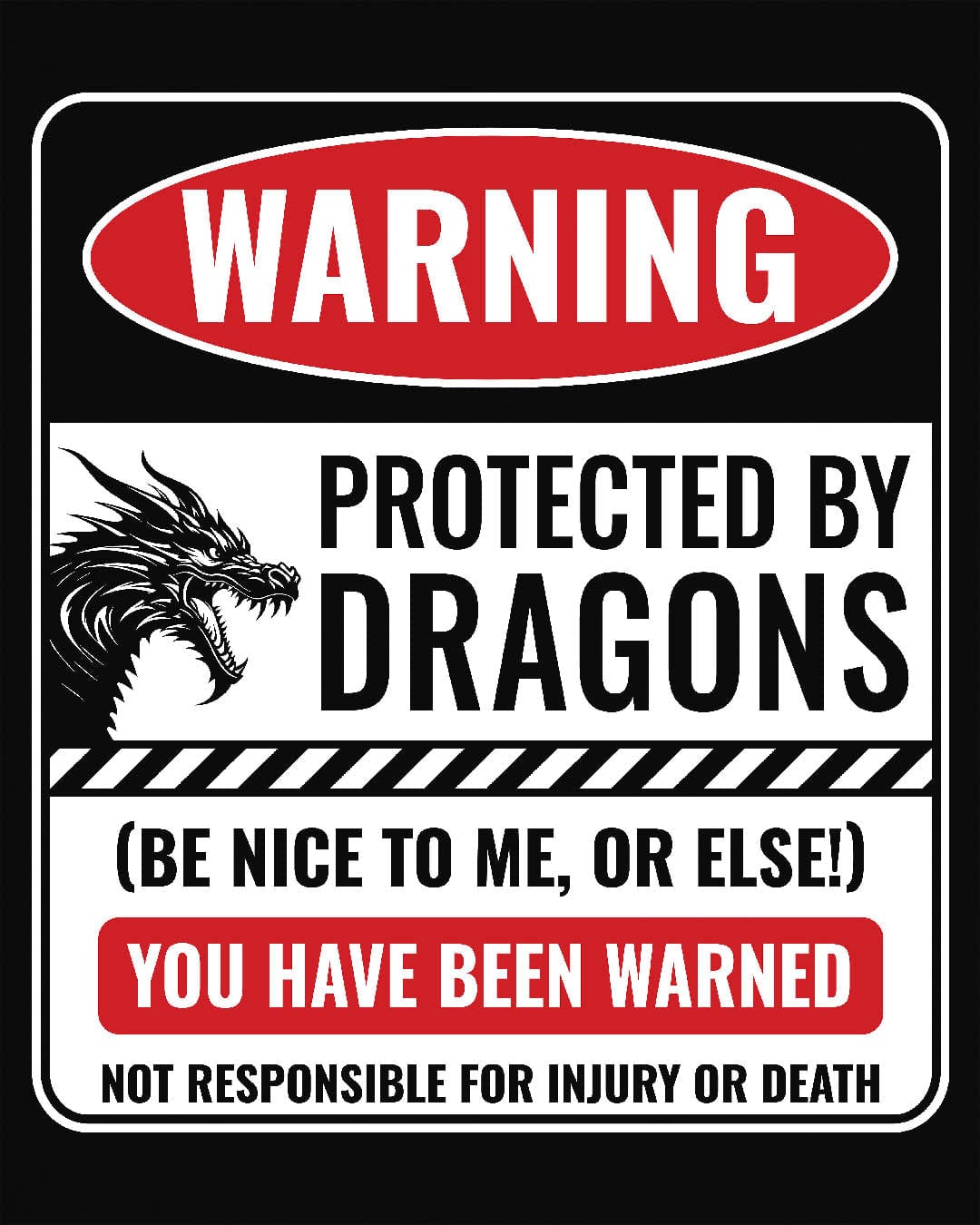 Protected by Dragons shirt in black featuring a sign saying WARNING: Protected by Dragons (Be Nice to Me, or Else!).
