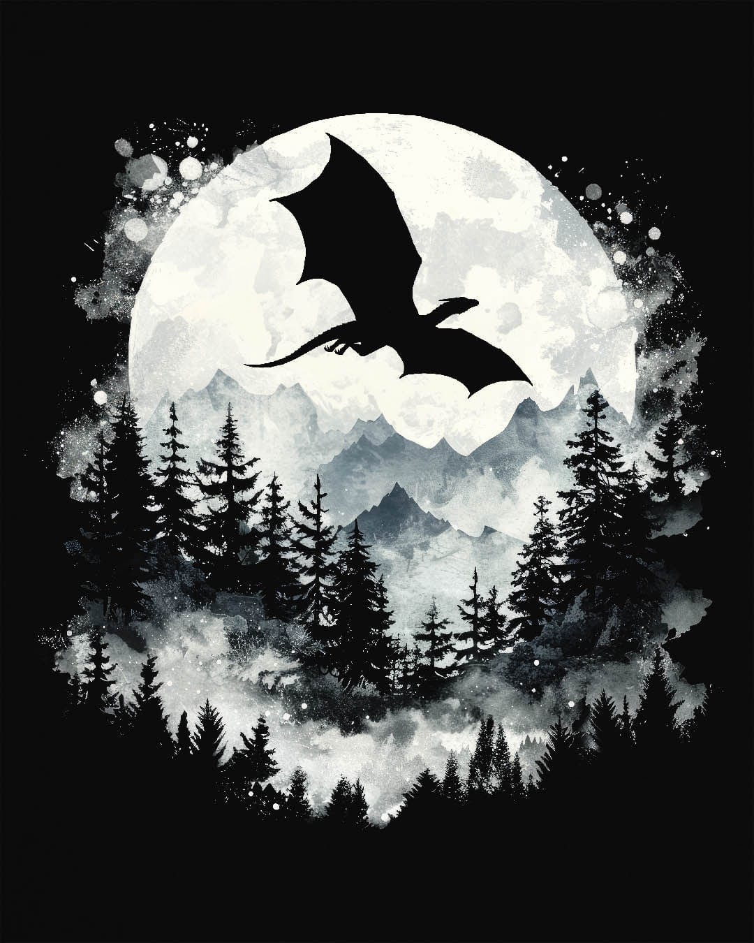 Full Moon Flight Dragon shirt in black featuring a flying dragon silhouette soaring past a glowing full moon and mountains.
