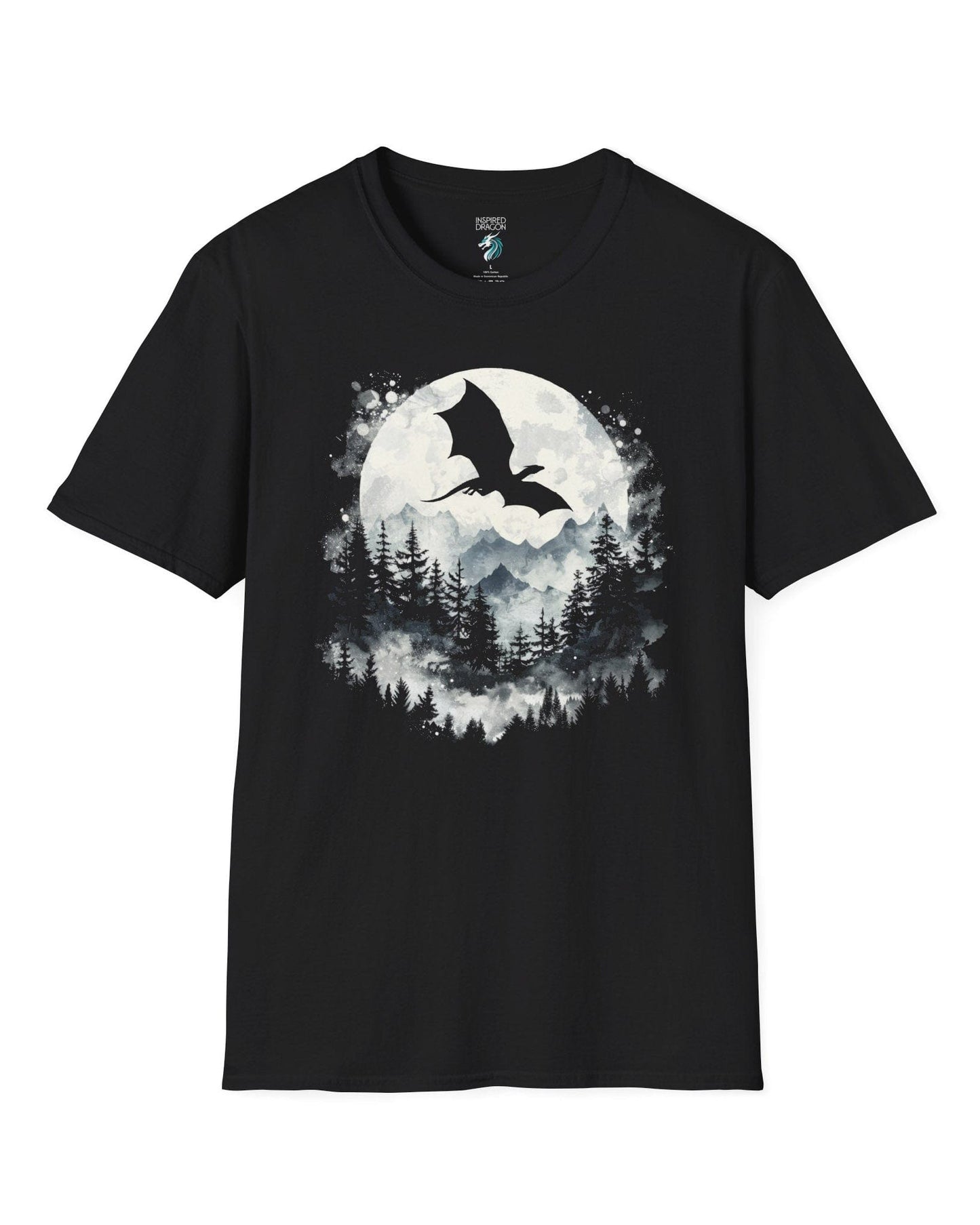 Full Moon Flight Dragon shirt in black featuring a flying dragon silhouette soaring past a glowing full moon and mountains.