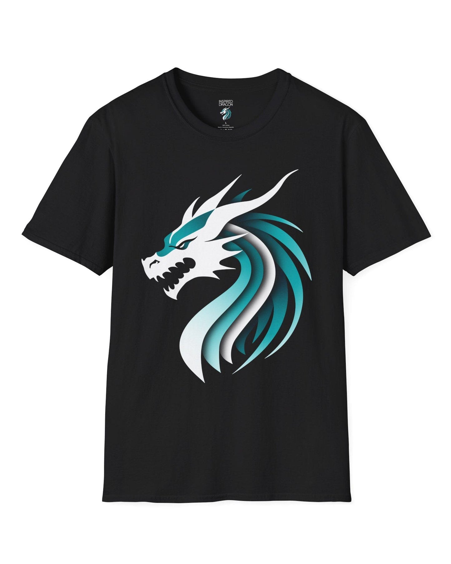 Inspired Dragon Shirt in black with the teal-and-white Inspired Dragon logo, bold lines, and a sleek modern design.