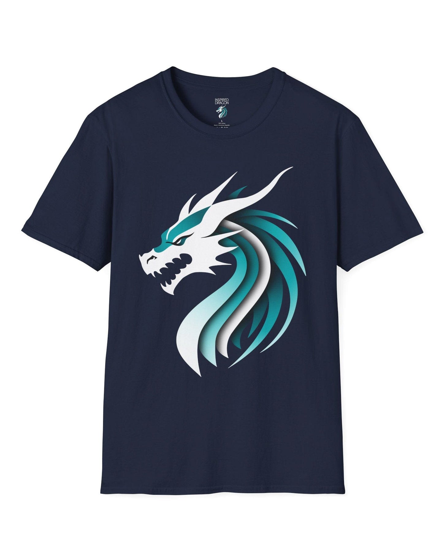 Inspired Dragon Shirt in navy with the teal-and-white Inspired Dragon logo, bold lines, and a sleek modern design.