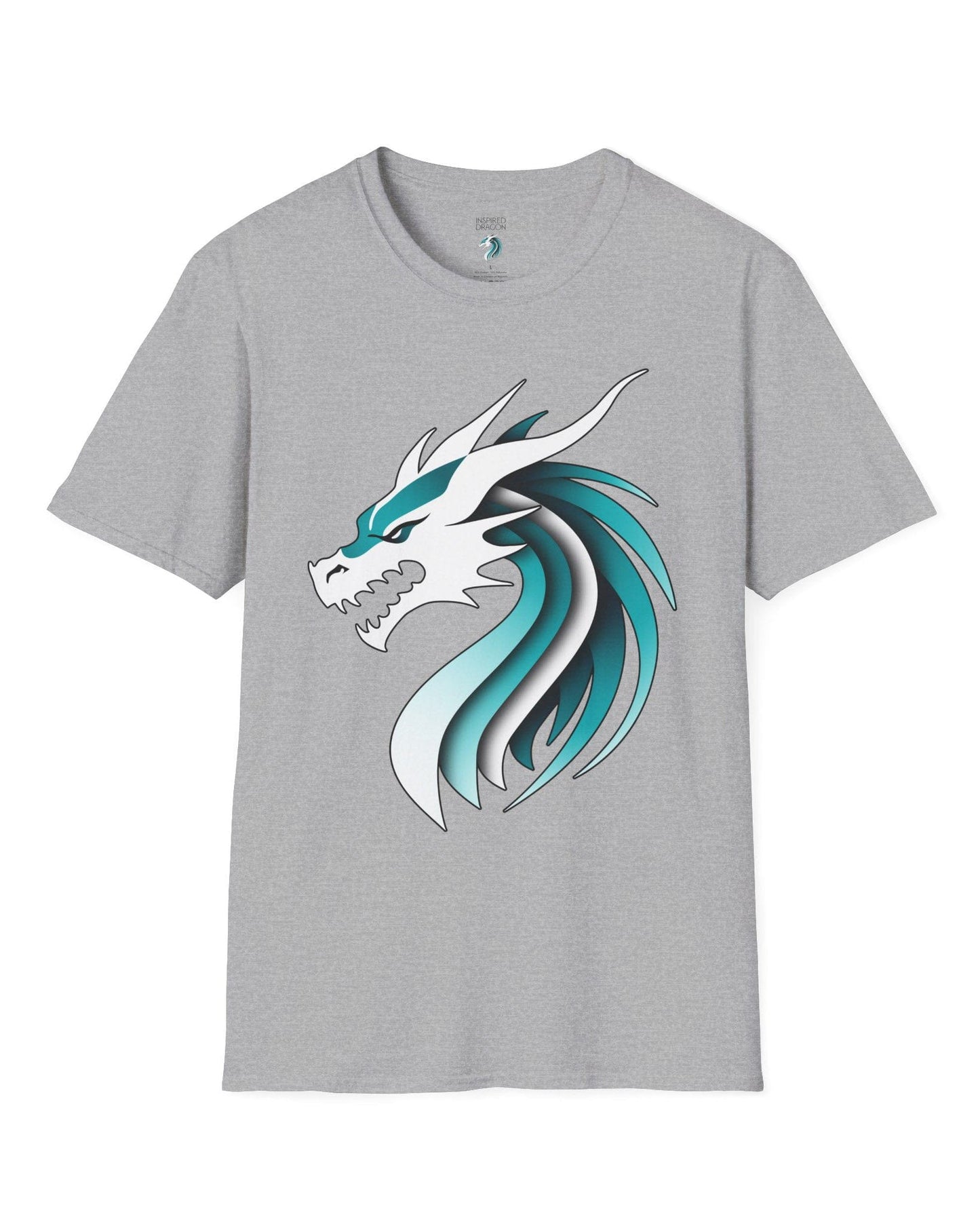 Inspired Dragon Shirt in sport grey with the teal-and-white Inspired Dragon logo, bold lines, and a sleek modern design.
