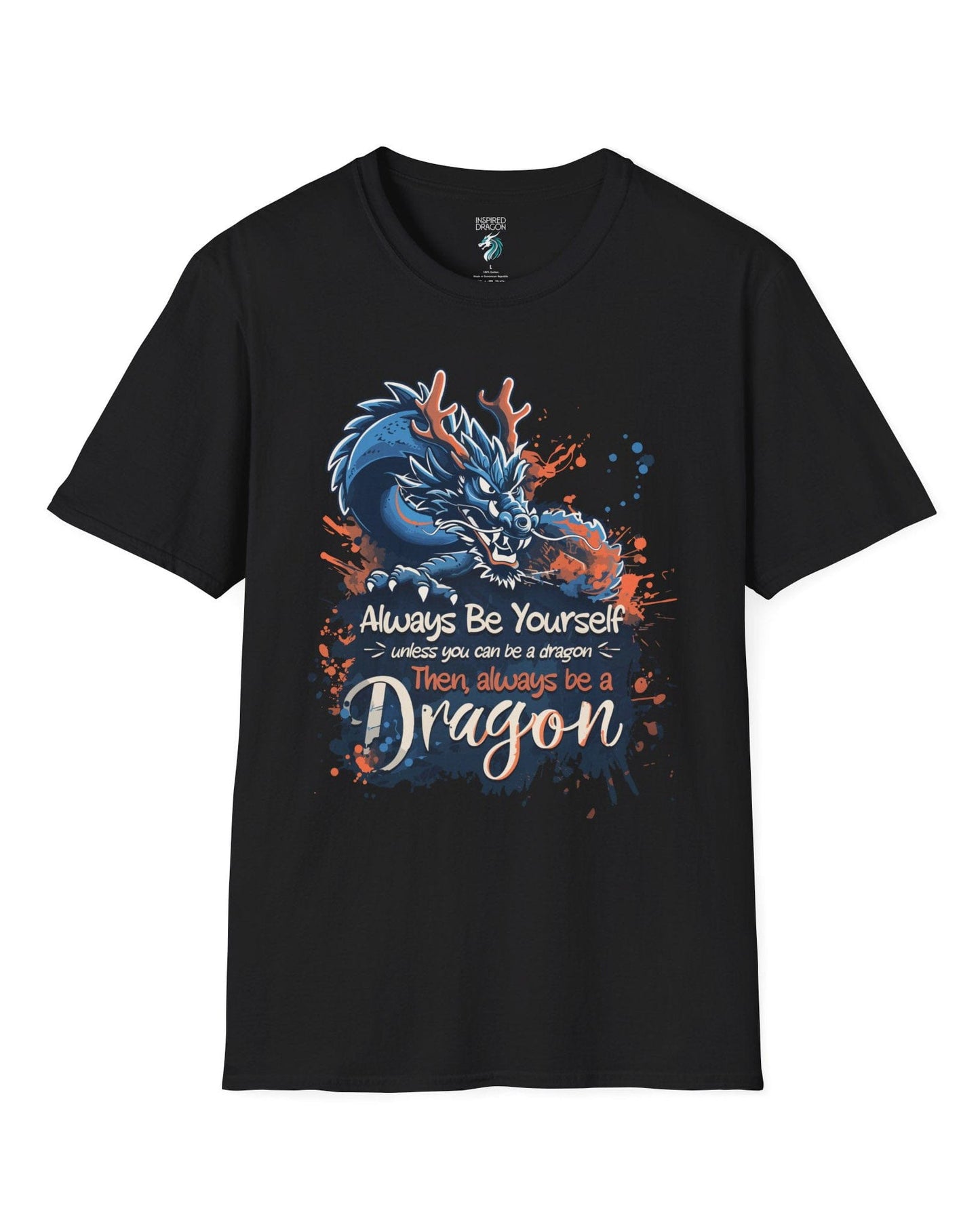 Always Be Yourself Unless You Can Be a Dragon t-shirt in black featuring an Eastern dragon with antlers.