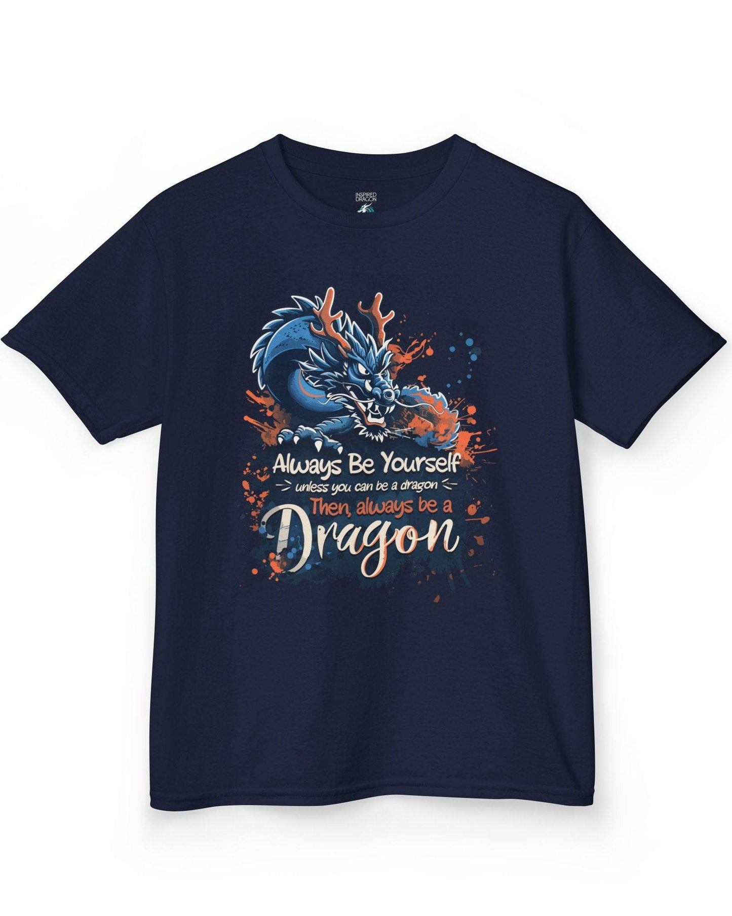 Always Be Yourself Unless You Can Be a Dragon t-shirt in navy featuring an Eastern dragon with antlers.