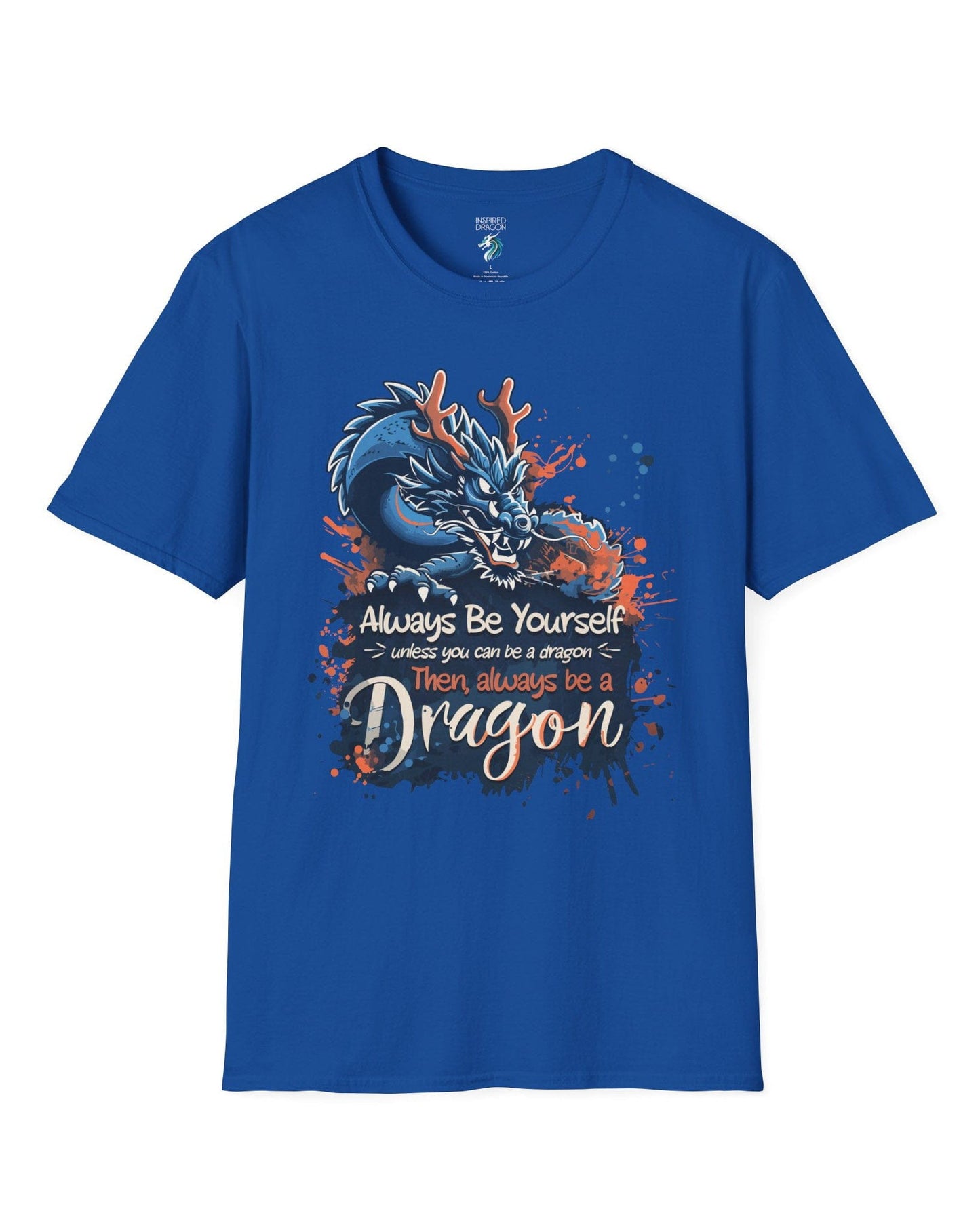 Always Be Yourself Unless You Can Be a Dragon t-shirt in royal blue featuring an Eastern dragon with antlers.