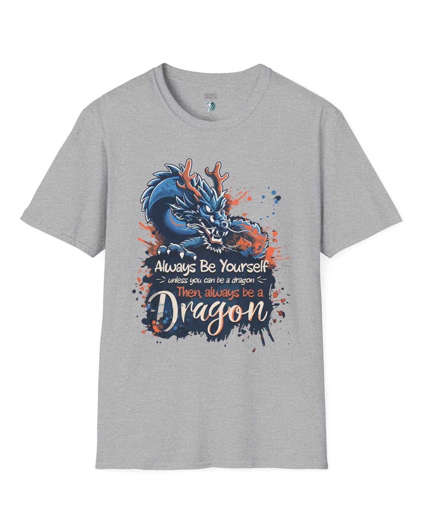 Always Be Yourself Unless You Can Be a Dragon t-shirt in sport grey featuring an Eastern dragon with antlers.