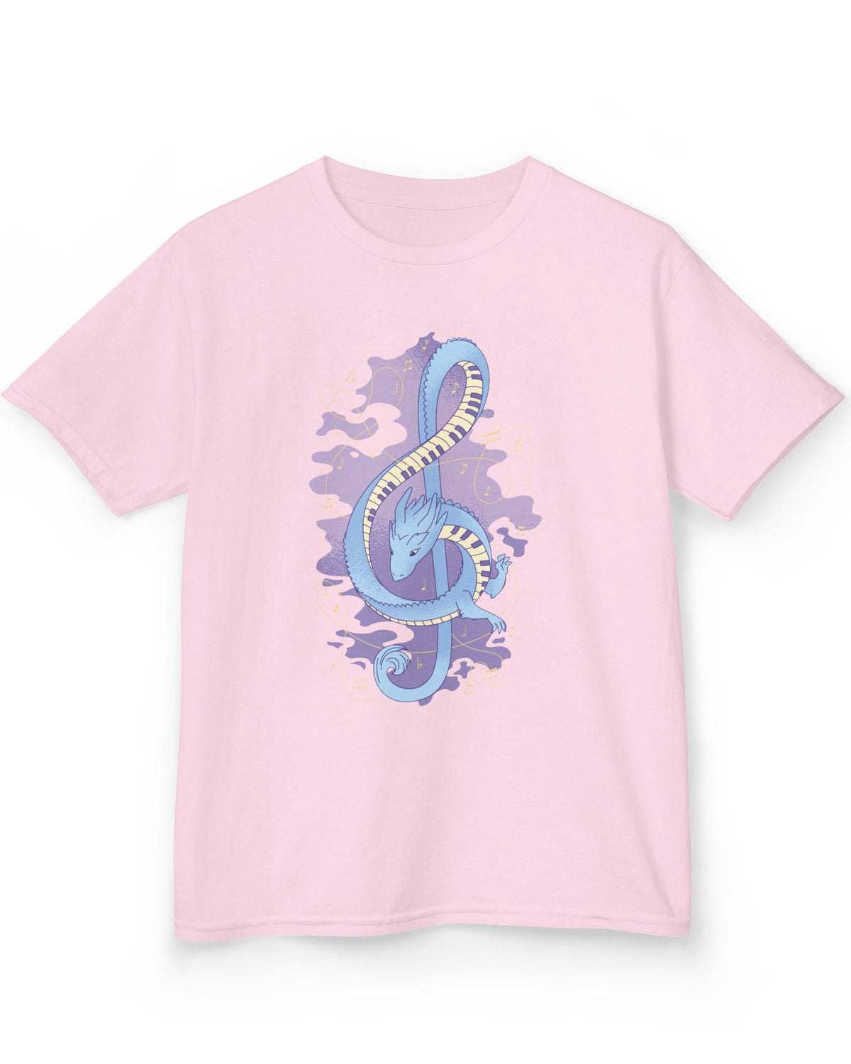 Musical Dragon shirt in light pink featuring a dragon shaped as a treble clef with piano key scales and musical notes.