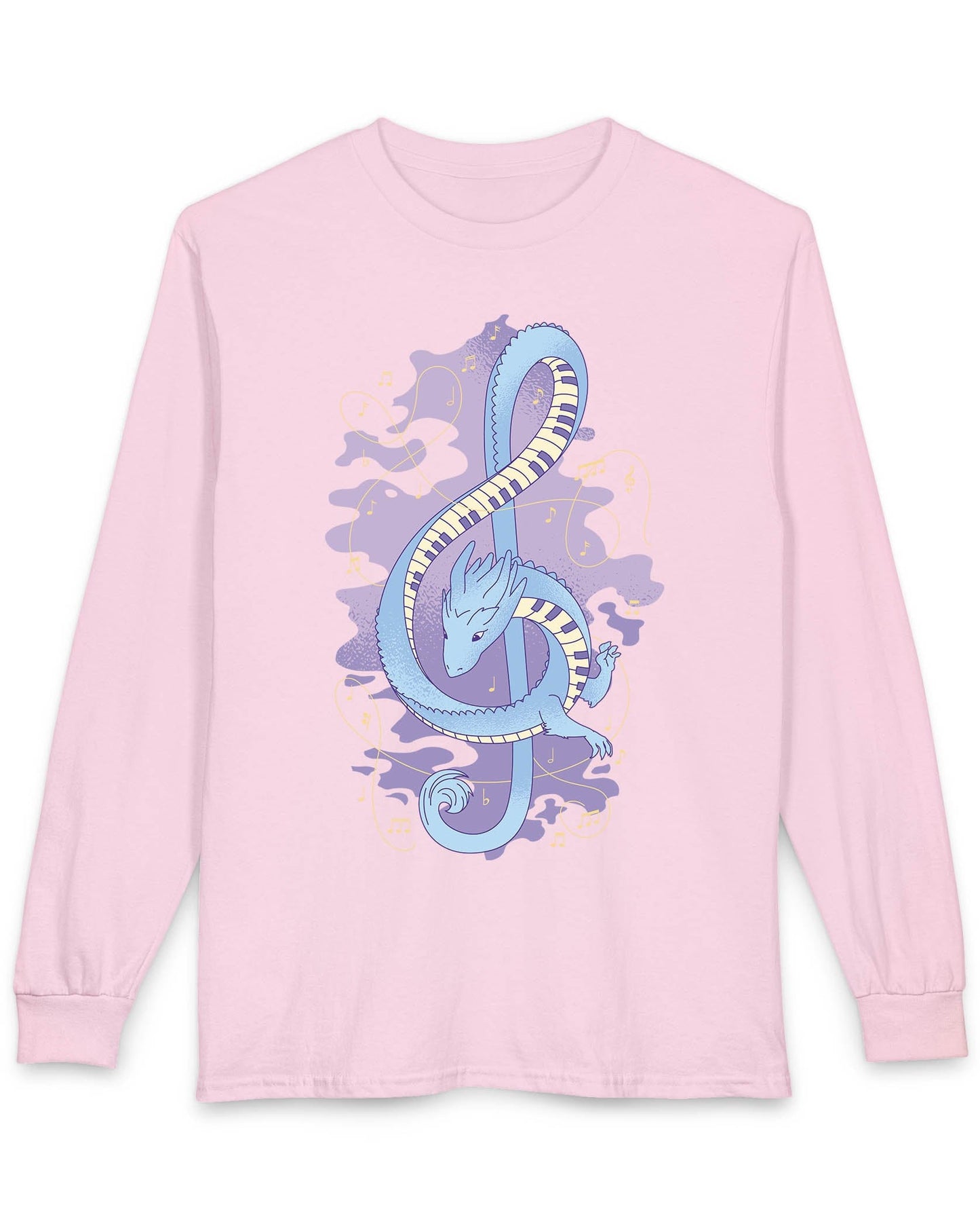 Musical Dragon shirt in light pink featuring a dragon shaped as a treble clef with piano key scales and musical notes.