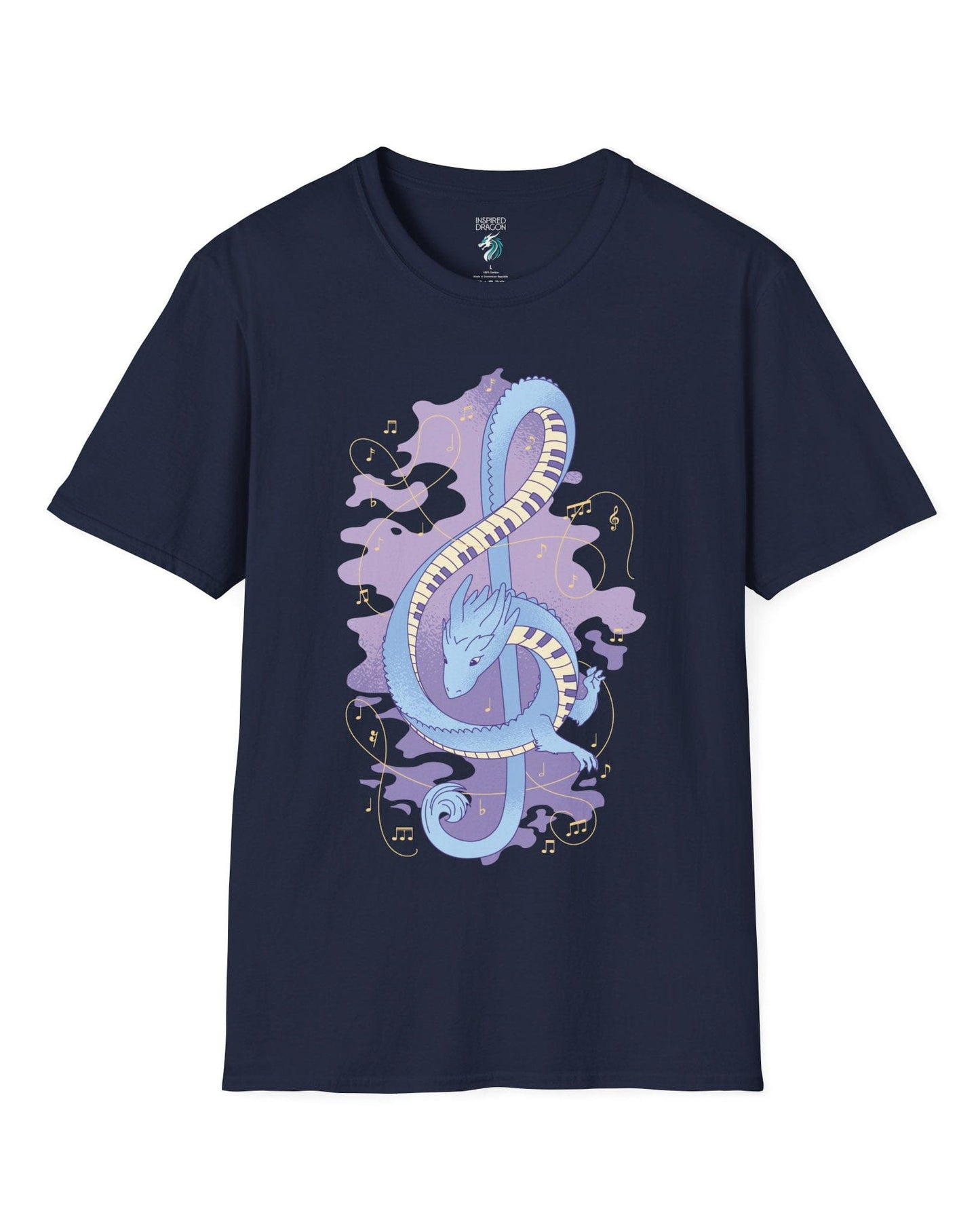 Musical Dragon shirt in navy featuring a dragon shaped as a treble clef with piano key scales and musical notes.