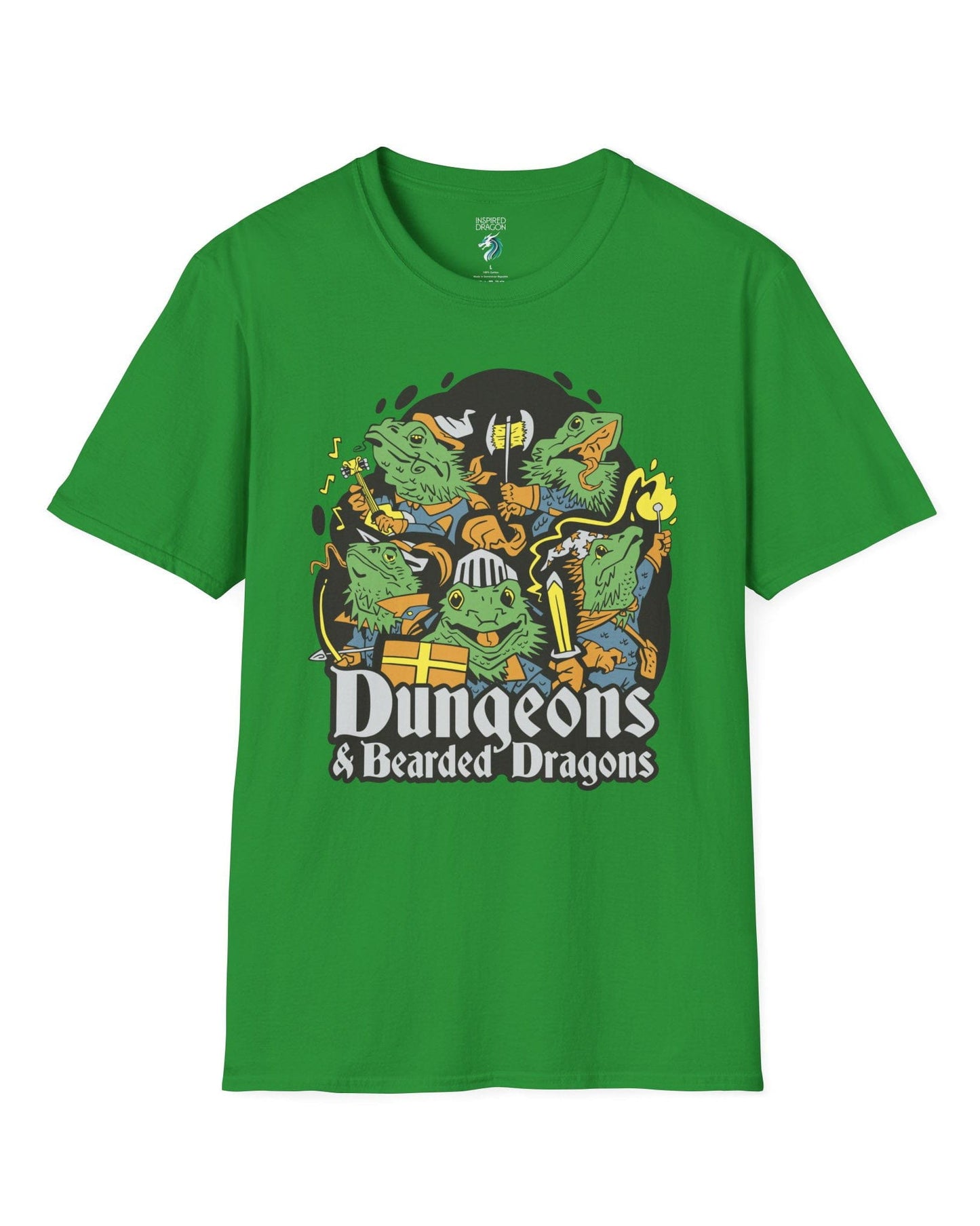 Dungeons & Bearded Dragons shirt in Irish green featuring cartoon bearded dragons dressed as fantasy adventurers.
