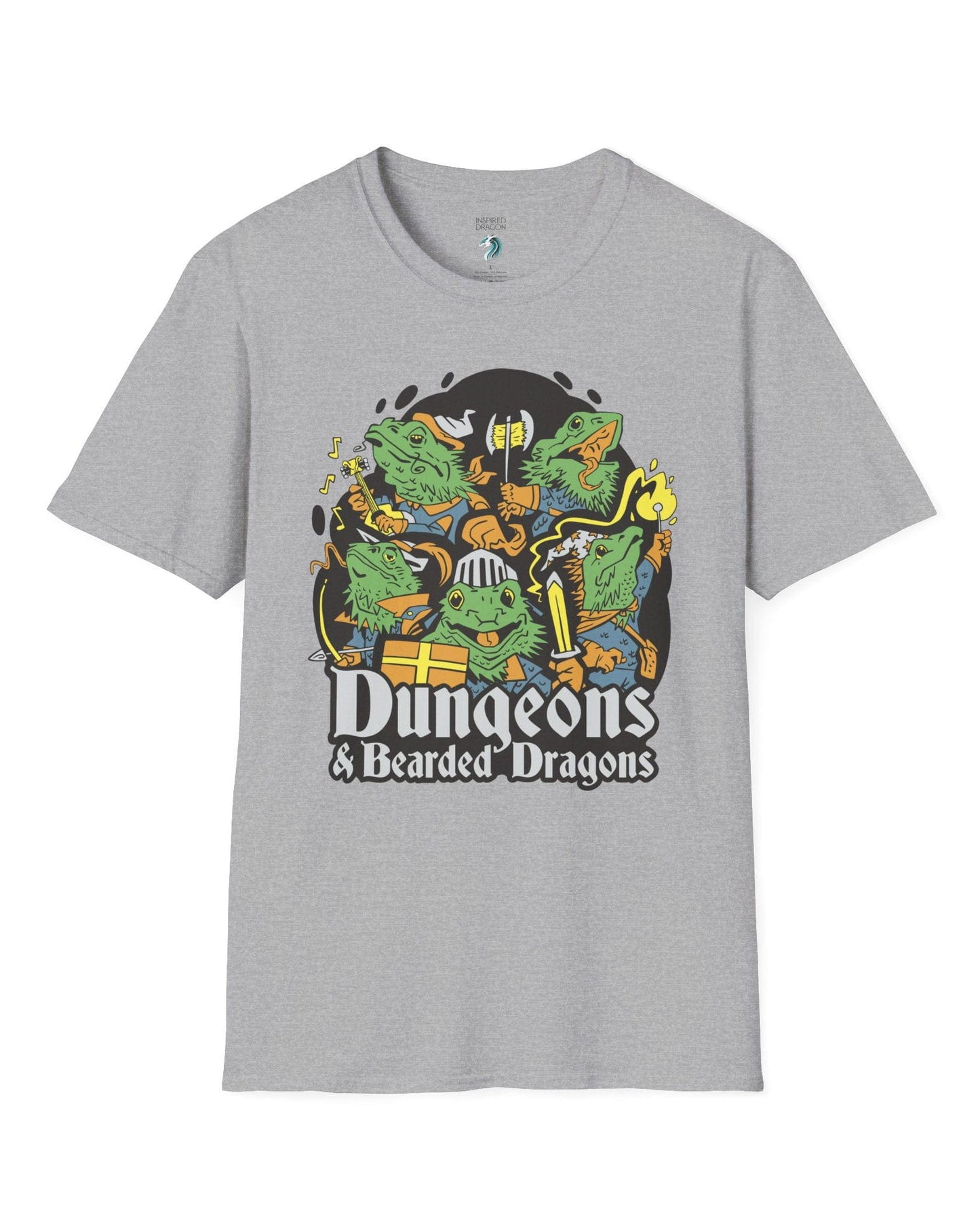 Dungeons & Bearded Dragons shirt in sport grey featuring cartoon bearded dragons dressed as fantasy adventurers.