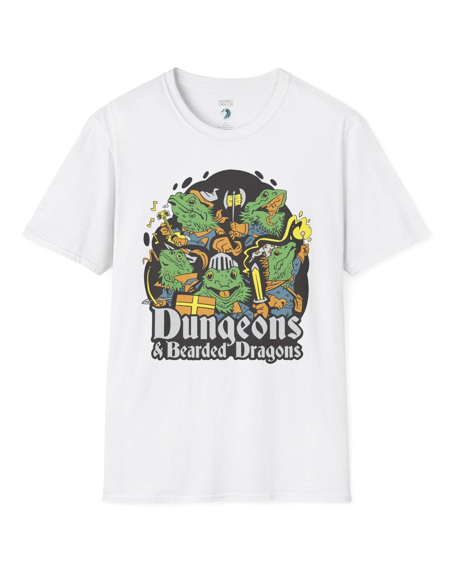 Dungeons & Bearded Dragons shirt in white featuring cartoon bearded dragons dressed as fantasy adventurers.