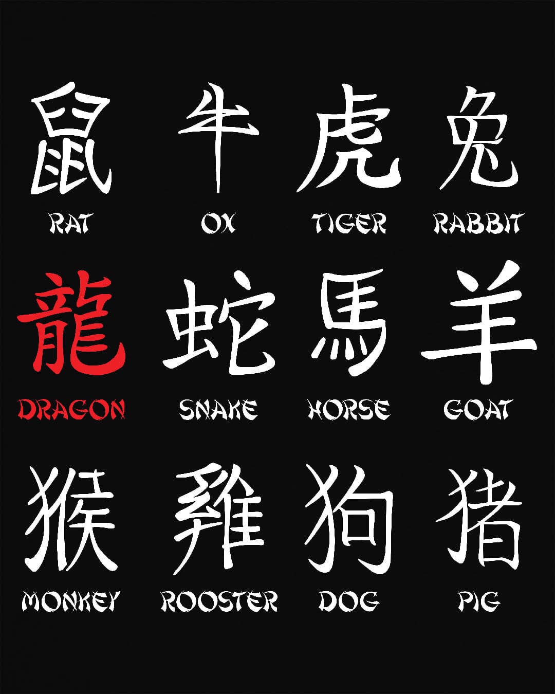 Chinese Zodiac Dragon shirt in black featuring all twelve zodiac animals with the dragon highlighted in red.