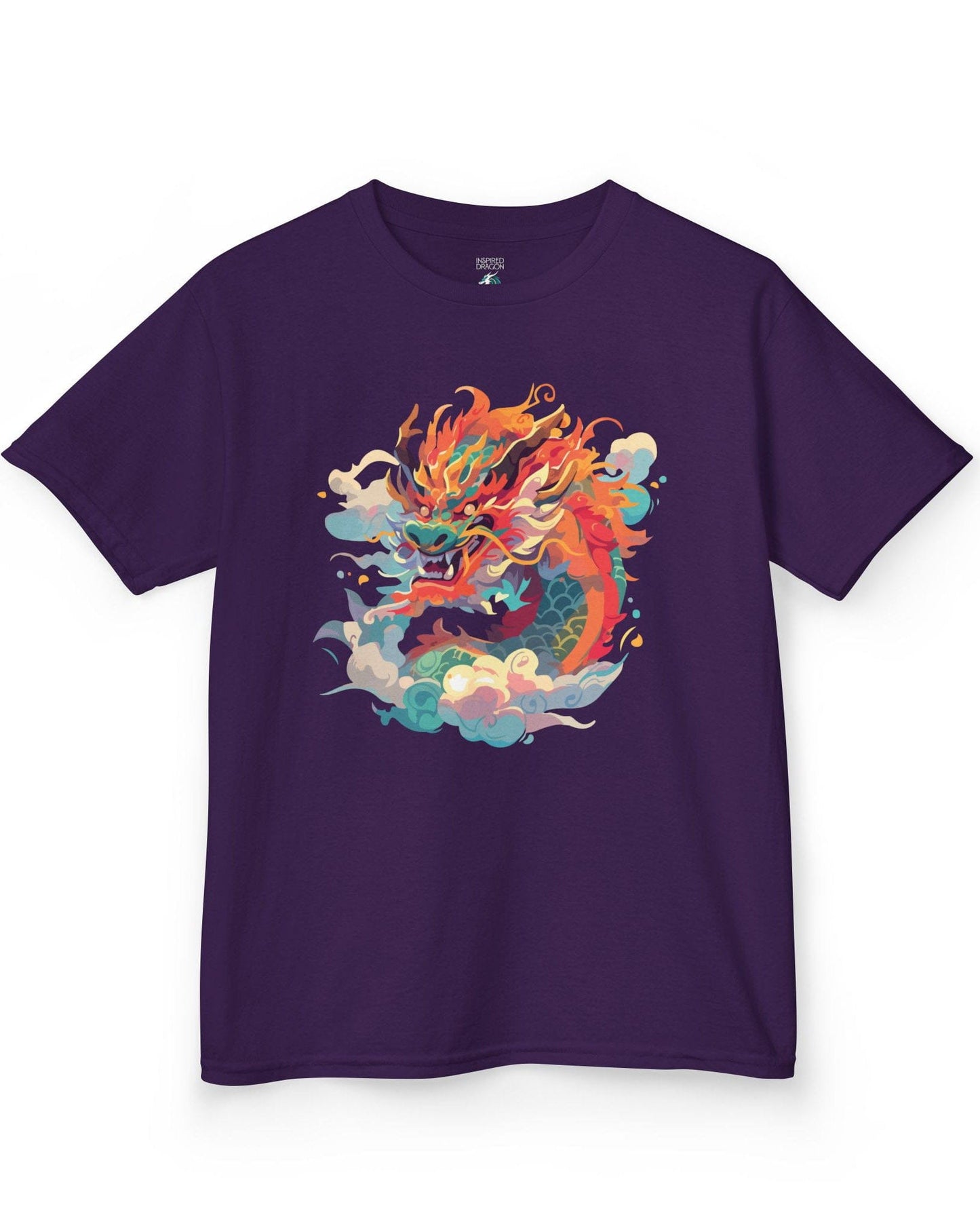 Emperor of the Skies shirt in purple featuring a colorful dragon emerging from swirling pastel clouds