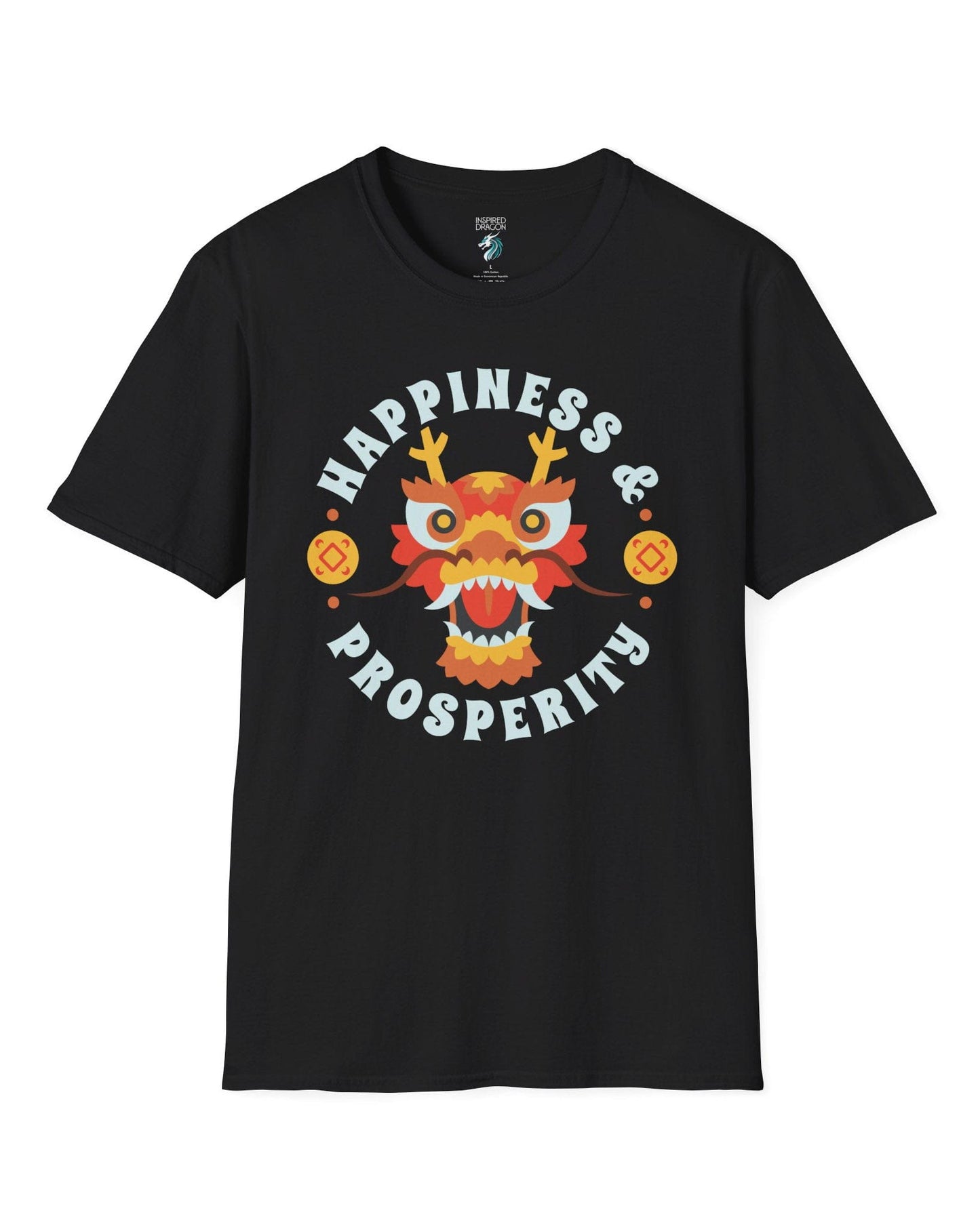 Happiness & Prosperity shirt in black featuring a stylized dragon head, gold coins, and bold festive lettering.