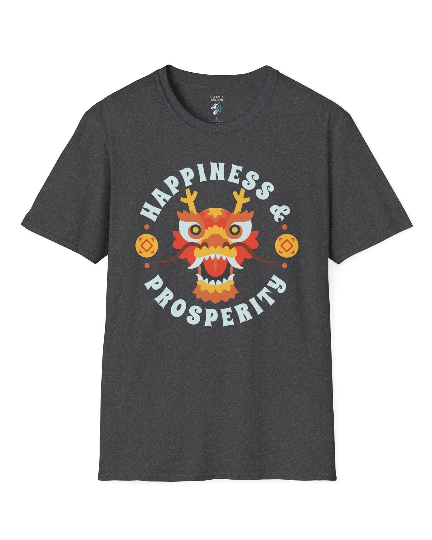 Happiness & Prosperity shirt in dark heather grey featuring a stylized dragon head, gold coins, and bold festive lettering.