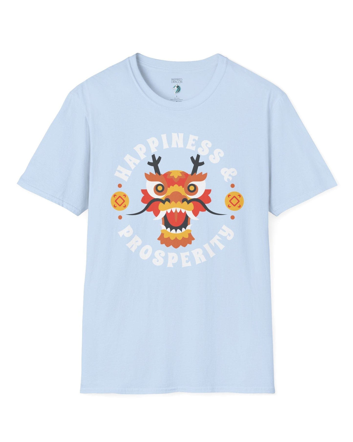 Happiness & Prosperity shirt in light blue featuring a stylized dragon head, gold coins, and bold festive lettering.
