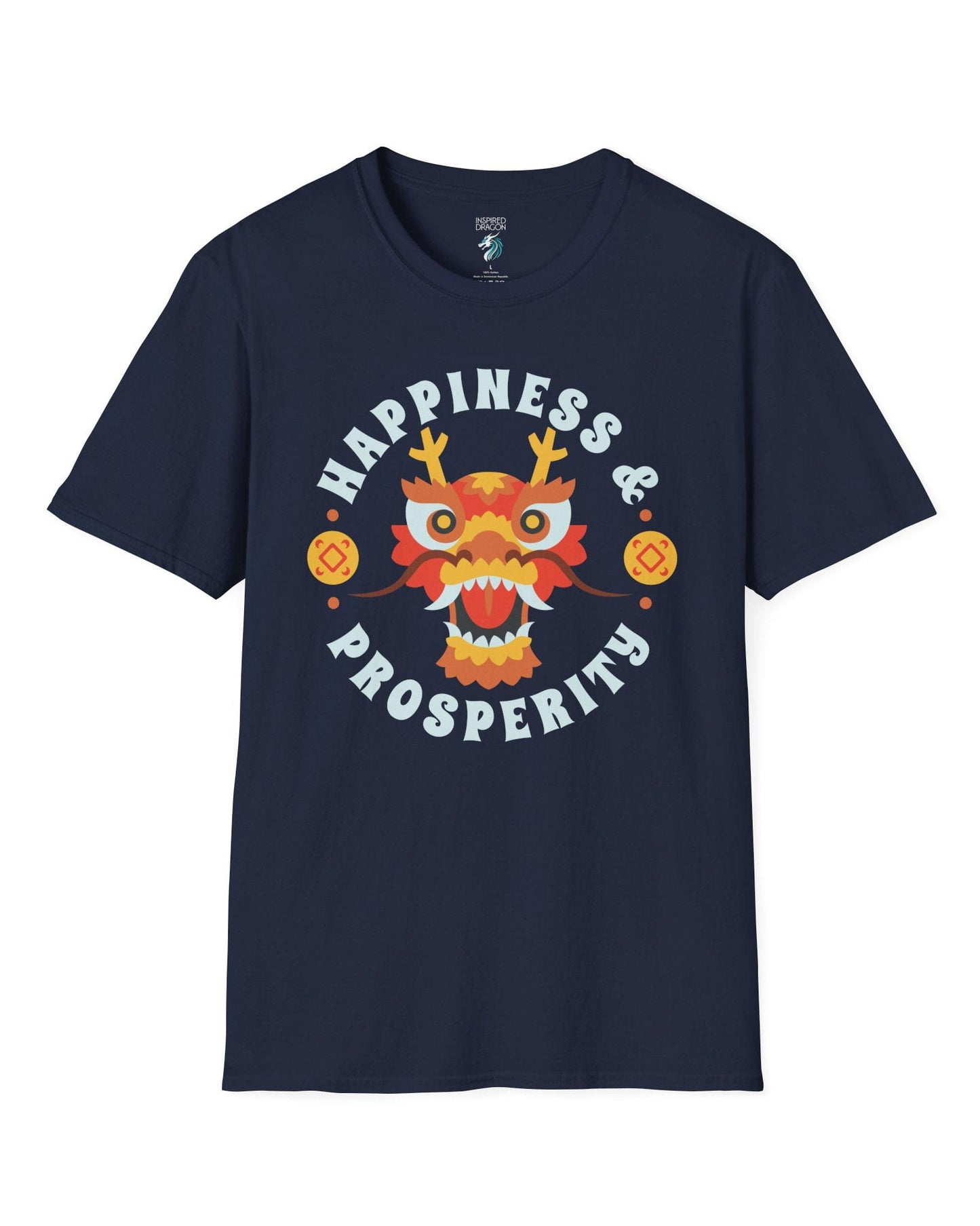Happiness & Prosperity shirt in navy featuring a stylized dragon head, gold coins, and bold festive lettering.