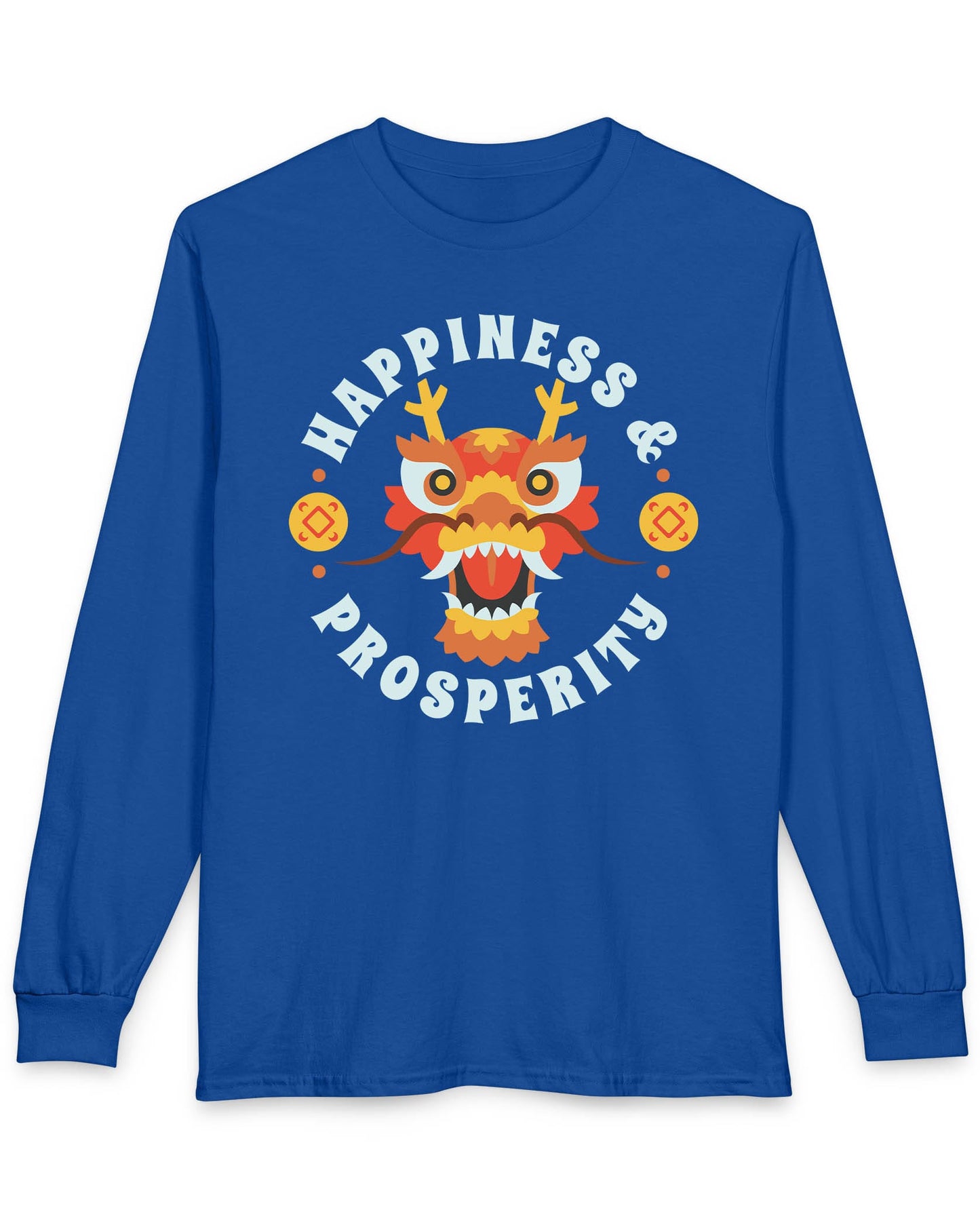 Happiness & Prosperity shirt in royal blue featuring a stylized dragon head, gold coins, and bold festive lettering