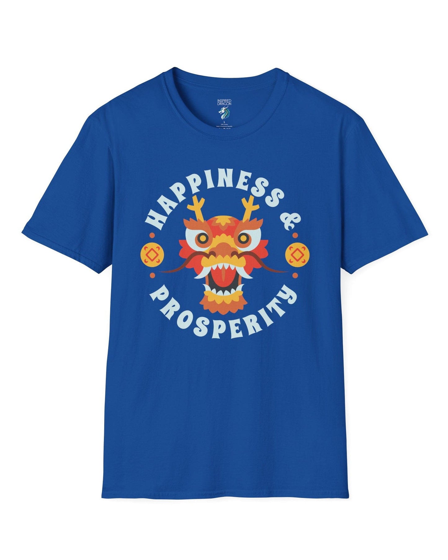 Happiness & Prosperity shirt in royal blue featuring a stylized dragon head, gold coins, and bold festive lettering.