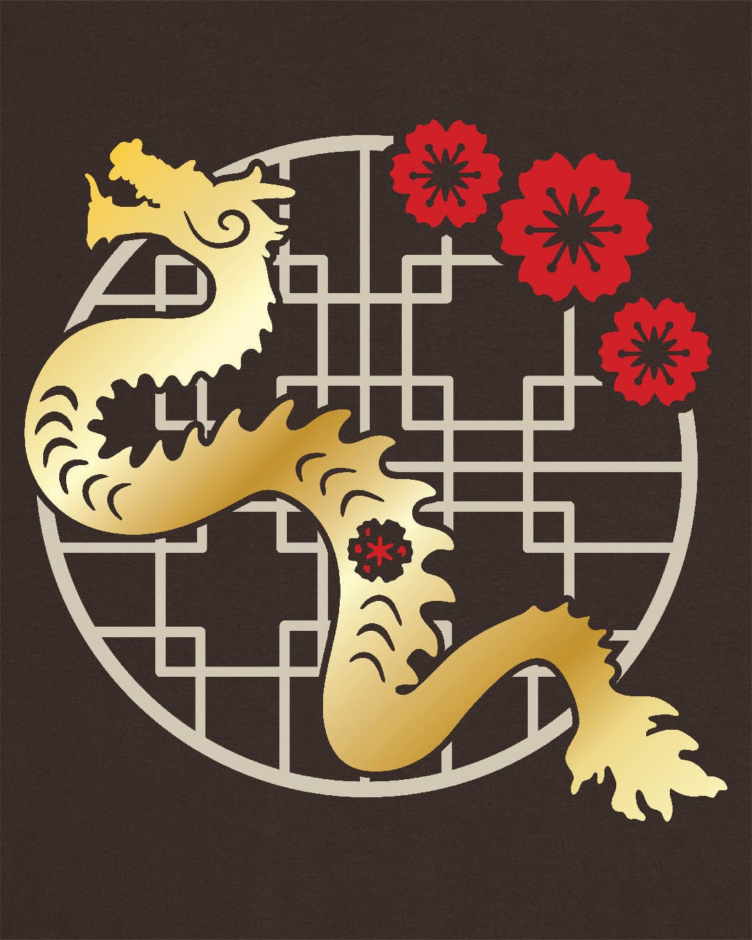 Golden Blossom Dragon shirt in dark chocolate featuring a gold dragon with red flowers over a geometric circular frame.