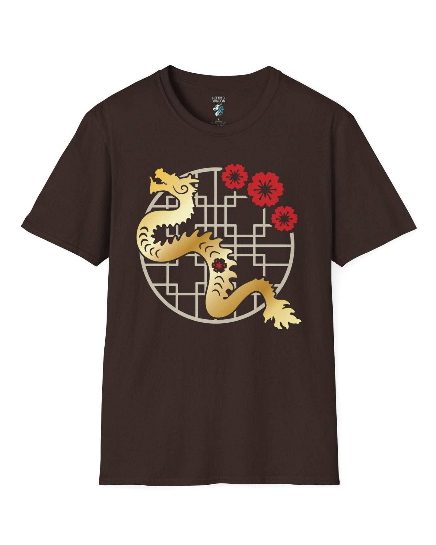 Golden Blossom Dragon shirt in dark chocolate featuring a gold dragon with red flowers over a geometric circular frame.