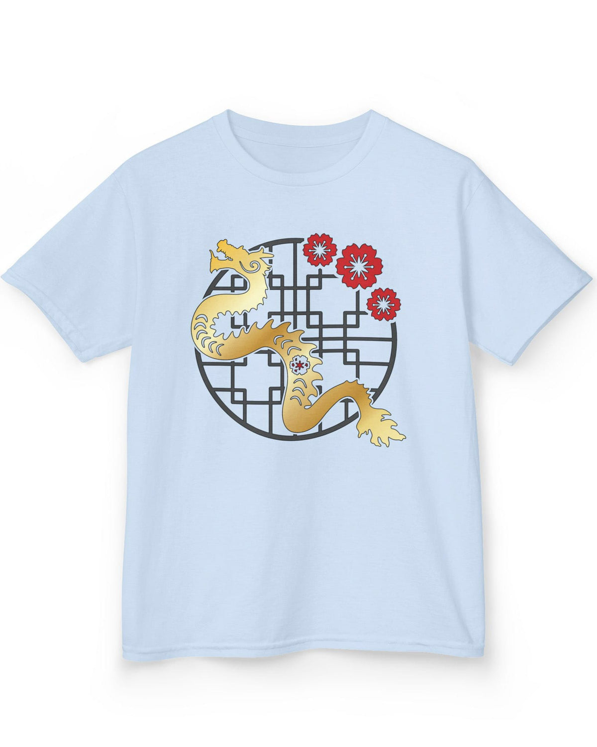 Golden Blossom Dragon shirt in light blue featuring a gold dragon with red flowers over a geometric circular frame