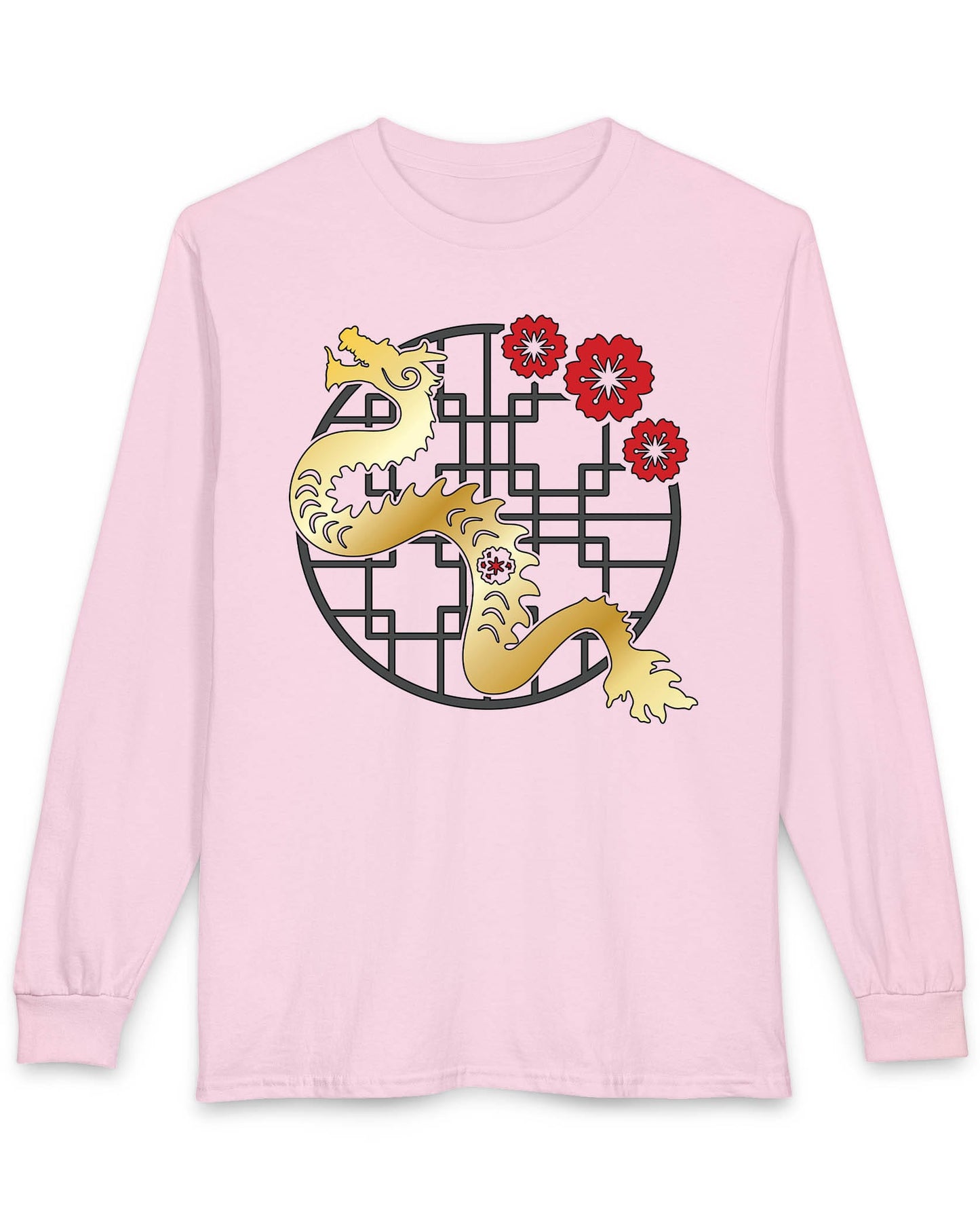 Golden Blossom Dragon shirt in light pink featuring a gold dragon with red flowers over a geometric circular frame