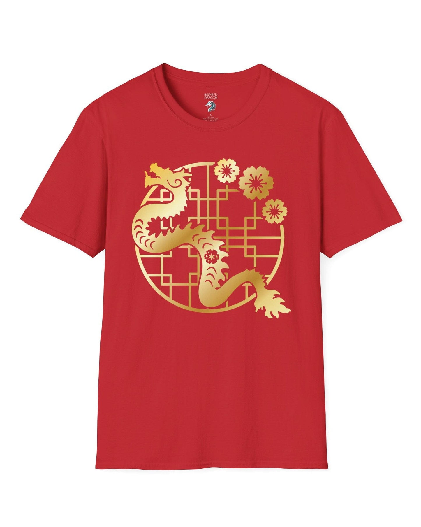 Golden Blossom Dragon shirt in red featuring a gold dragon with gold flowers over a geometric circular frame.