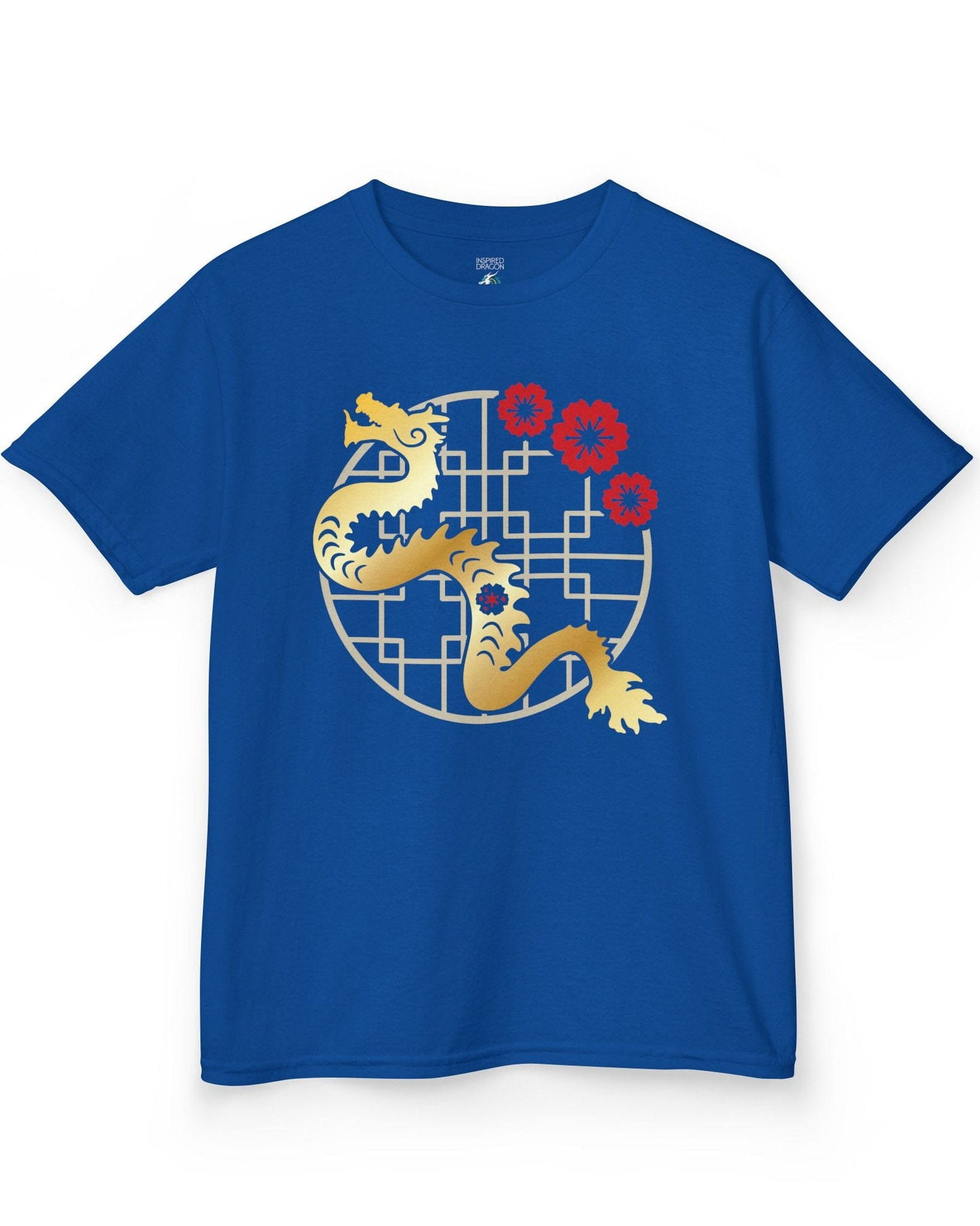 Golden Blossom Dragon shirt in royal blue featuring a gold dragon with red flowers over a geometric circular frame