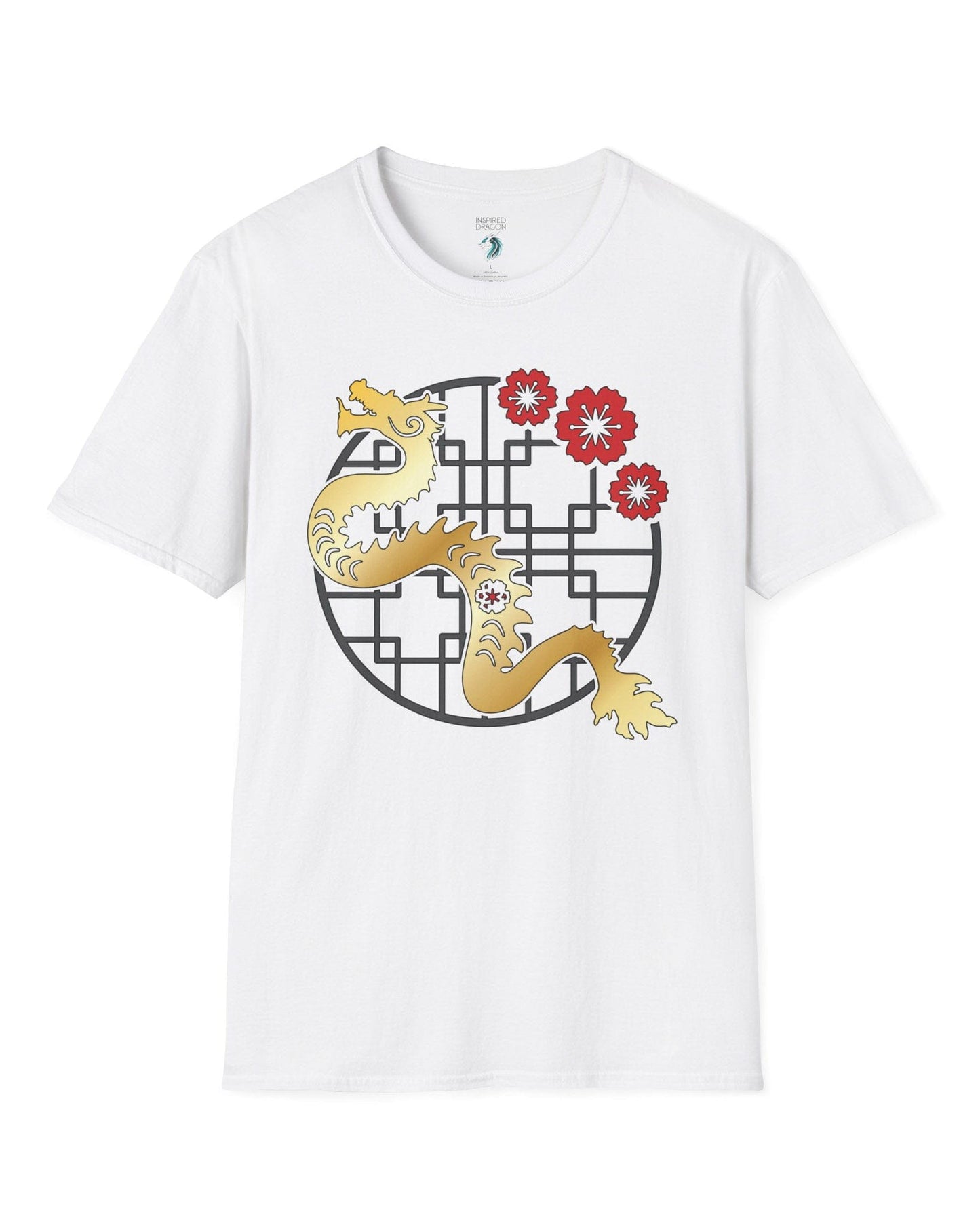 Golden Blossom Dragon shirt in white featuring a gold dragon with red flowers over a geometric circular frame.
