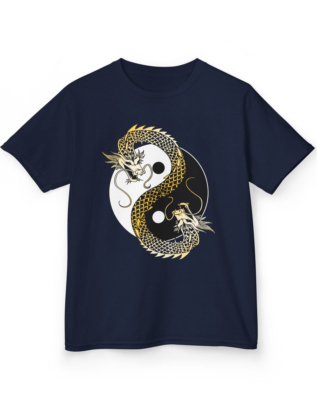 Eternal Balance shirt in navy featuring a gold and black dragon coiled around a yin yang symbol