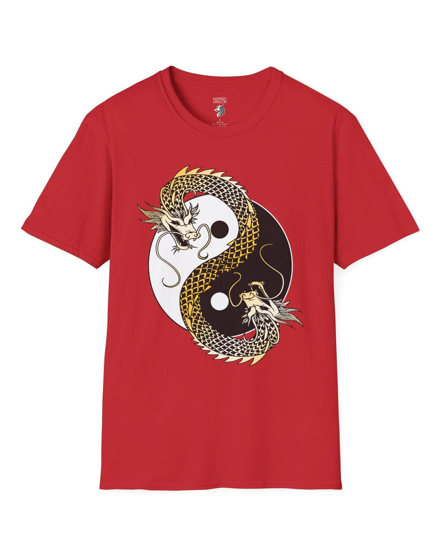 Eternal Balance shirt in red featuring a gold and black dragon coiled around a yin yang symbol.