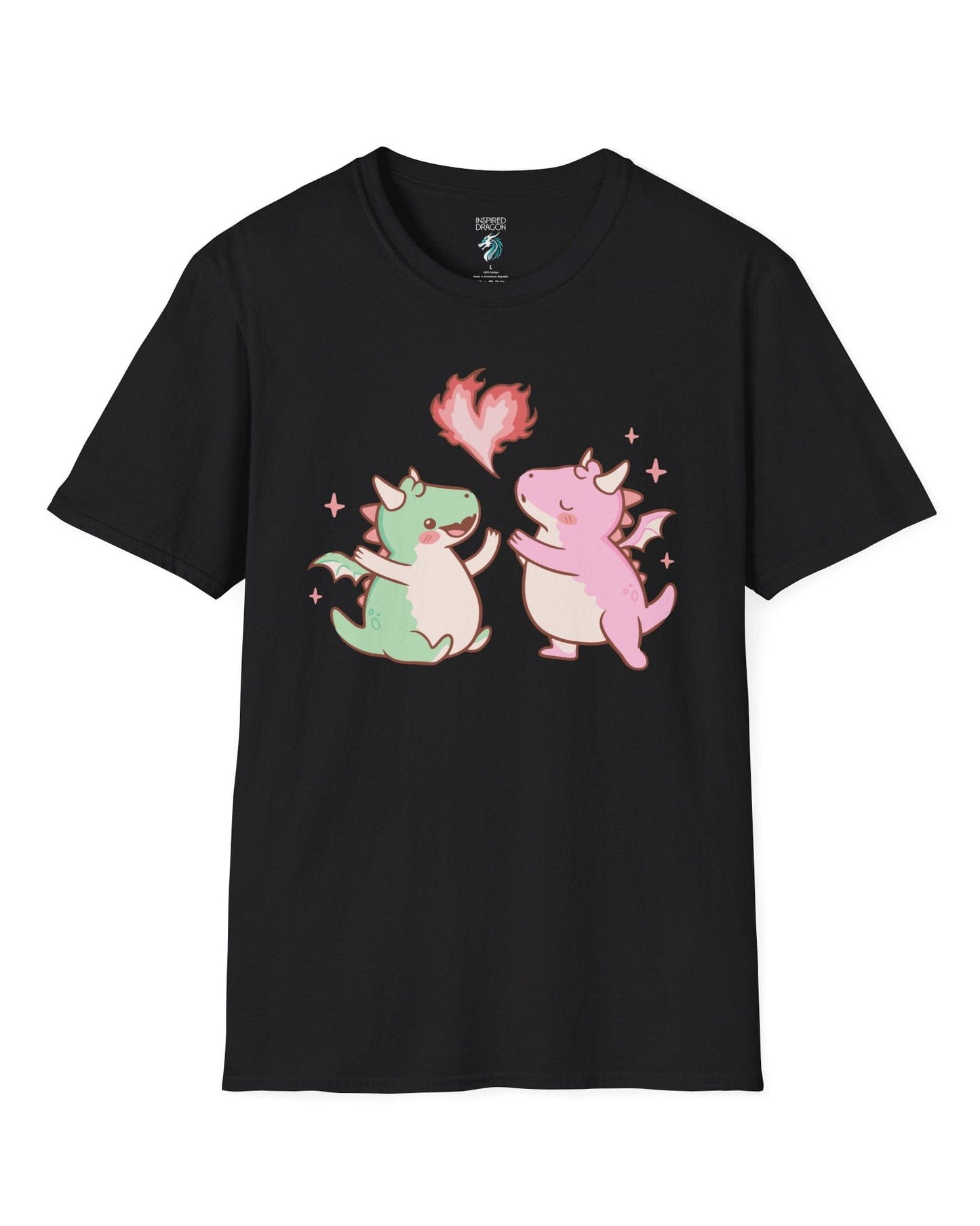 Love at First Flame shirt in black, featuring two cute dragons exchanging a heart-shaped flame.