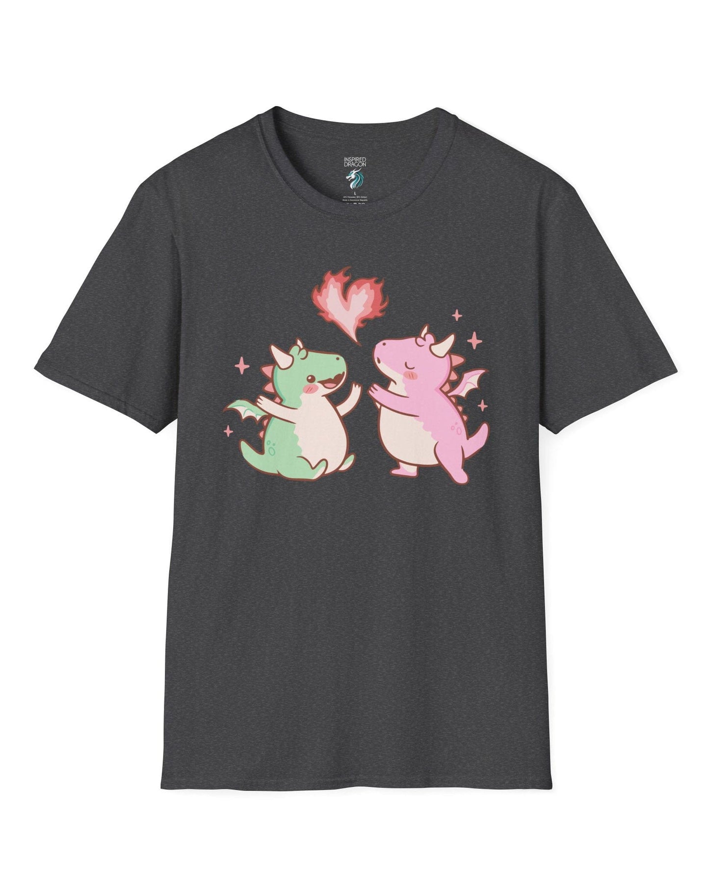Love at First Flame shirt in dark heather grey, featuring two cute dragons exchanging a heart-shaped flame.