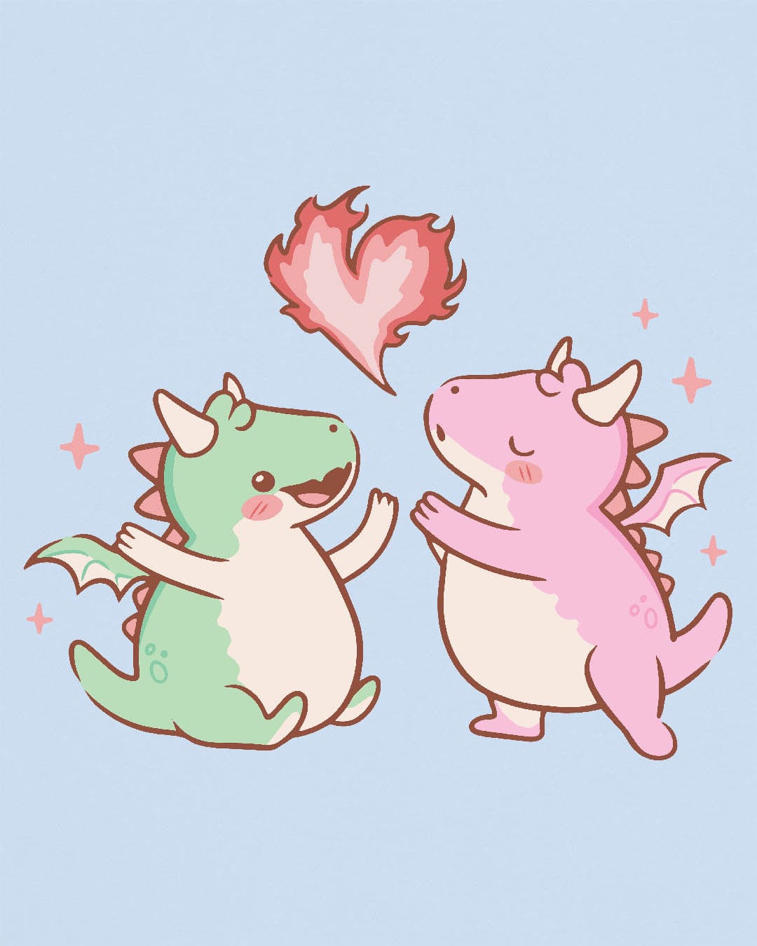 Love at First Flame shirt in light blue, featuring two cute dragons exchanging a heart-shaped flame.