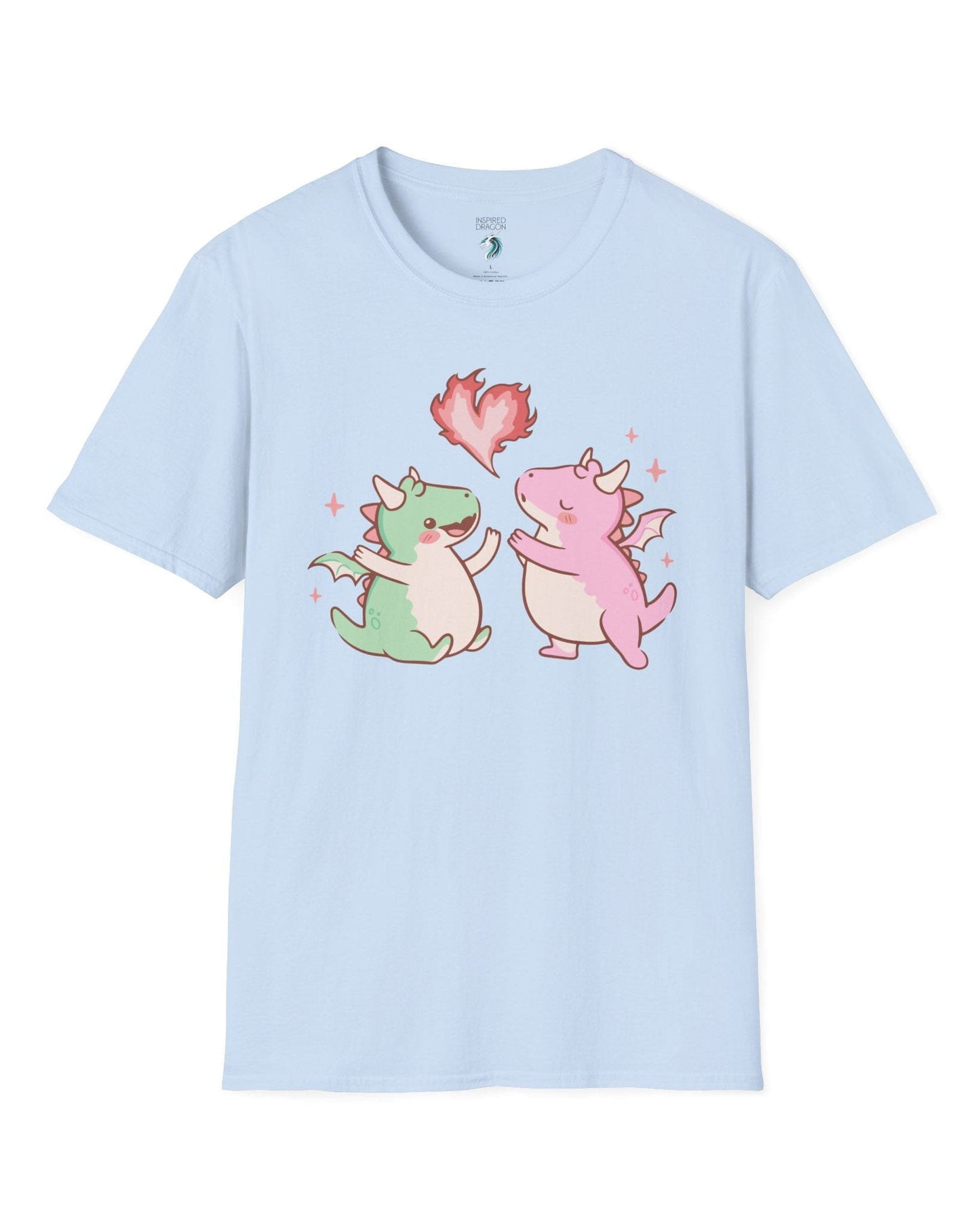 Love at First Flame shirt in light blue, featuring two cute dragons exchanging a heart-shaped flame.