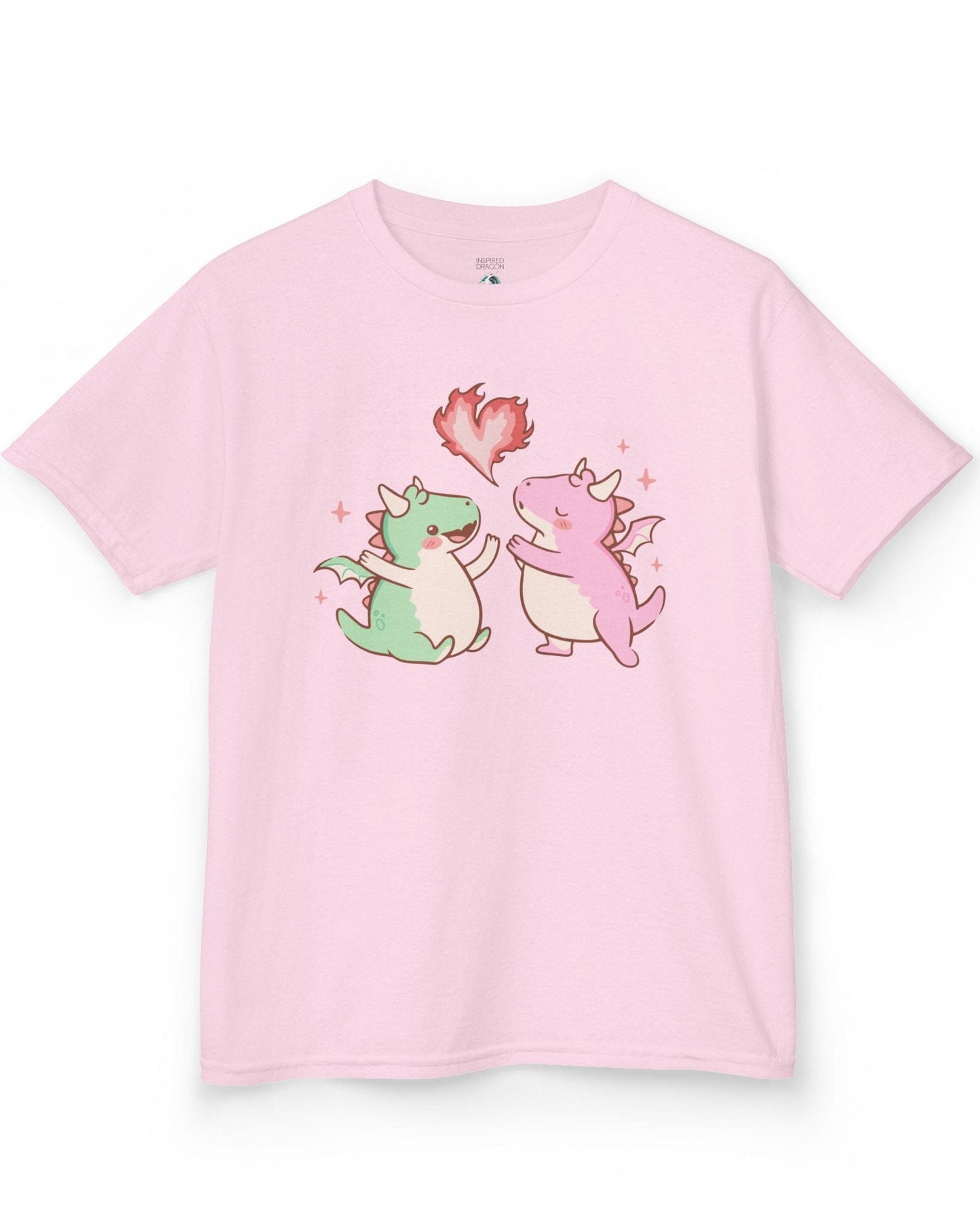 Love at First Flame shirt in light pink, featuring two cute dragons exchanging a heart-shaped flame.