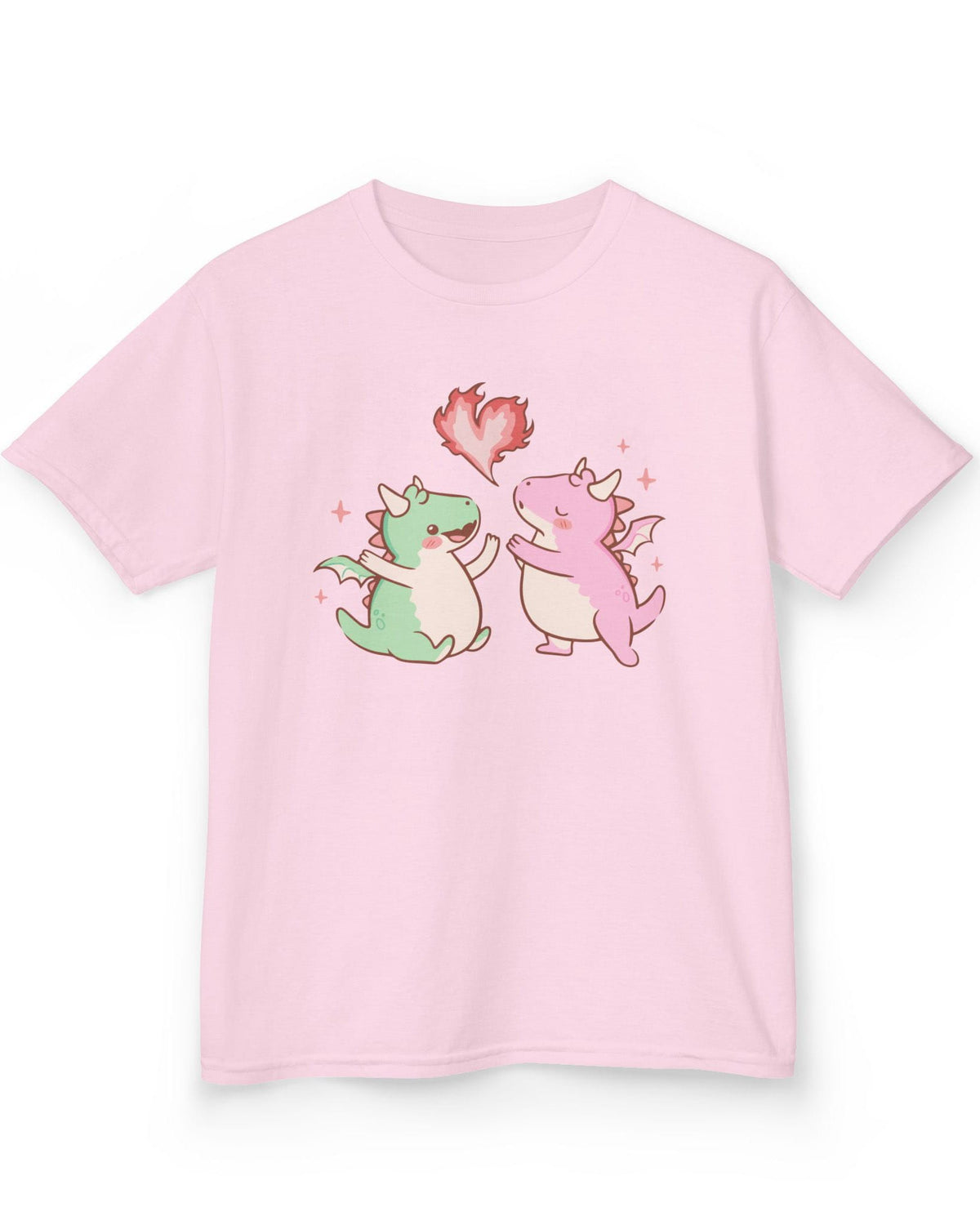 Love at First Flame shirt in light pink, featuring two cute dragons exchanging a heart-shaped flame.
