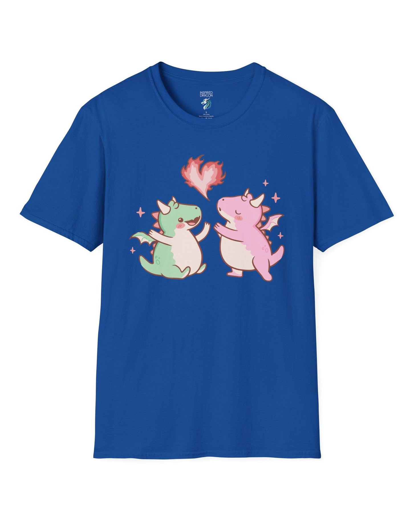 Love at First Flame shirt in royal blue, featuring two cute dragons exchanging a heart-shaped flame.