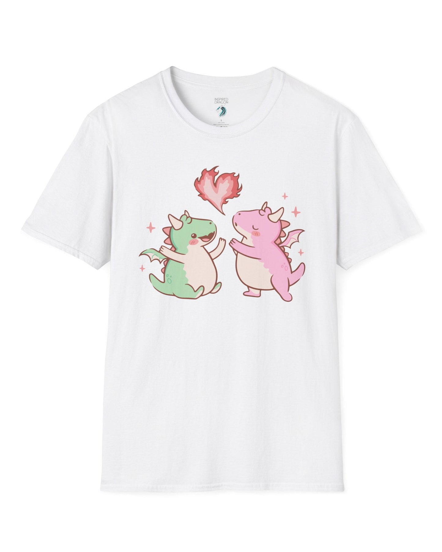 Love at First Flame shirt in white, featuring two cute dragons exchanging a heart-shaped flame.