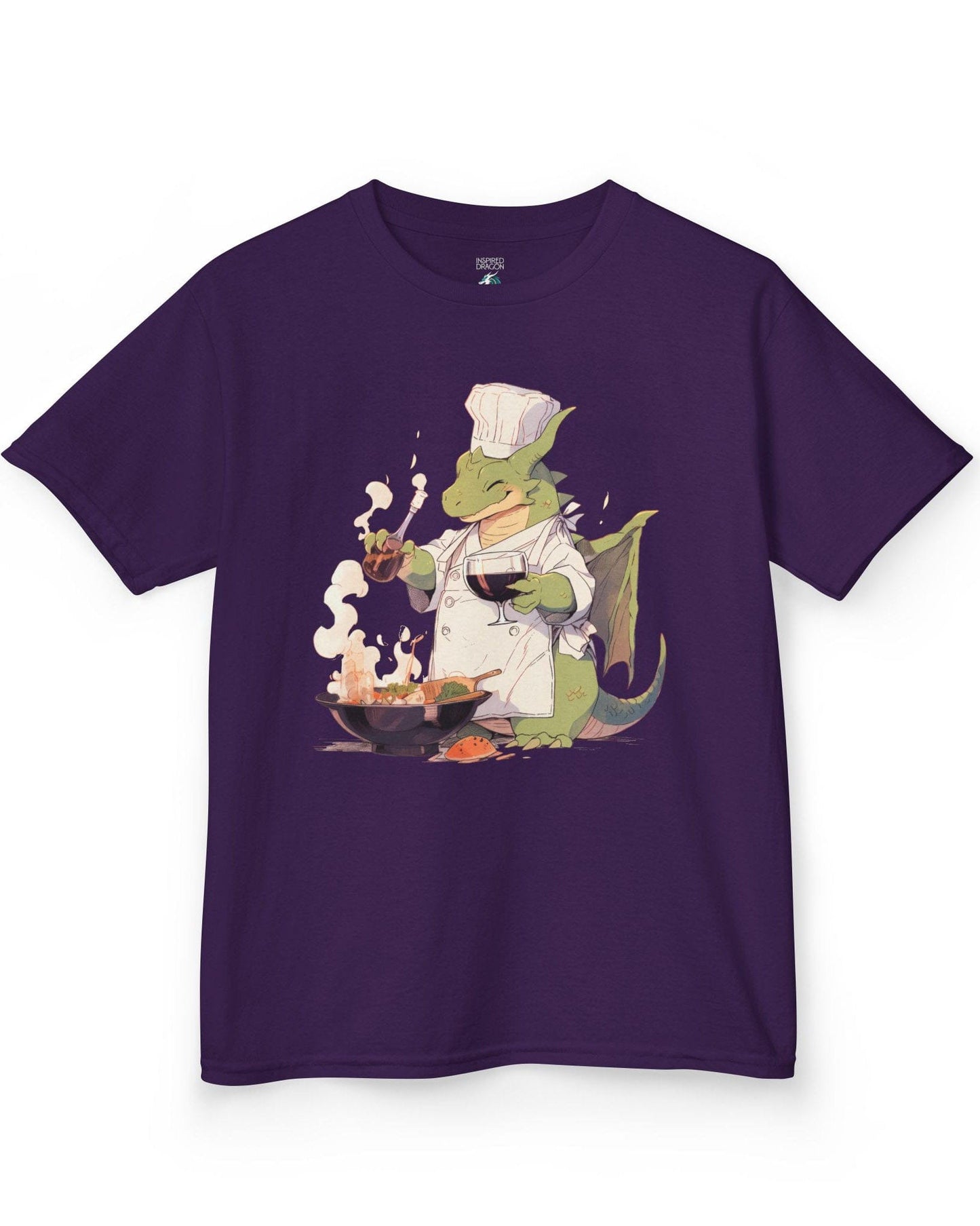 Culinary Magic shirt in purple featuring a happy dragon chef cooking with wine, wearing a white apron and hat