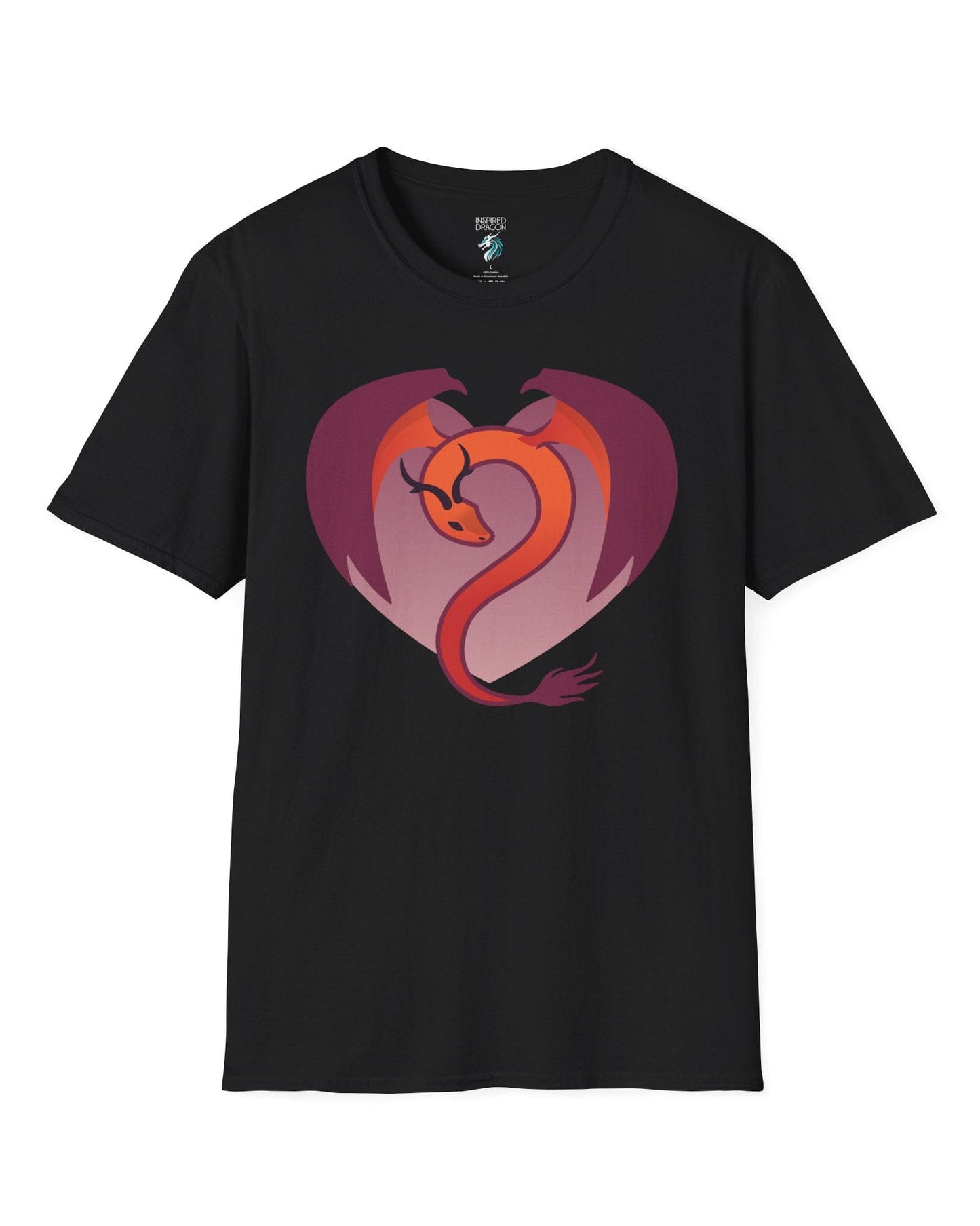 Dragon Heart shirt in black, featuring a minimalist red and purple dragon curled into the shape of a heart.