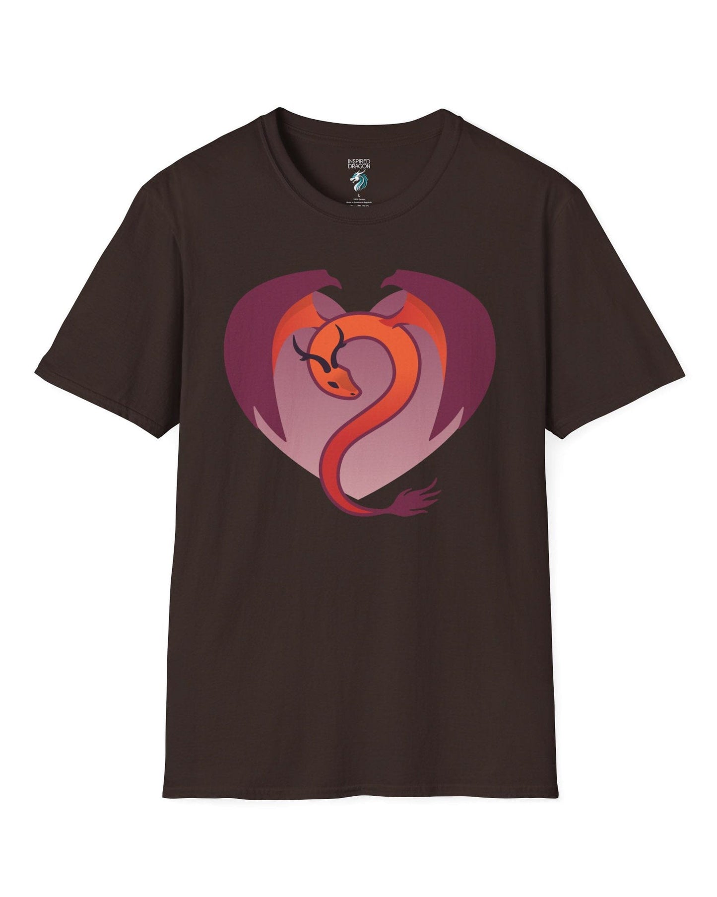 Dragon Heart shirt in dark chocolate, featuring a minimalist red and purple dragon curled into the shape of a heart.