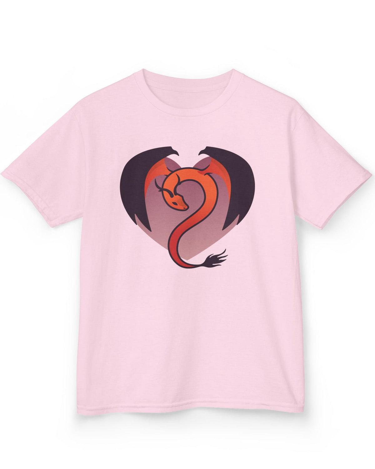 Dragon Heart shirt in light pink, featuring a minimalist red and purple dragon curled into the shape of a heart.