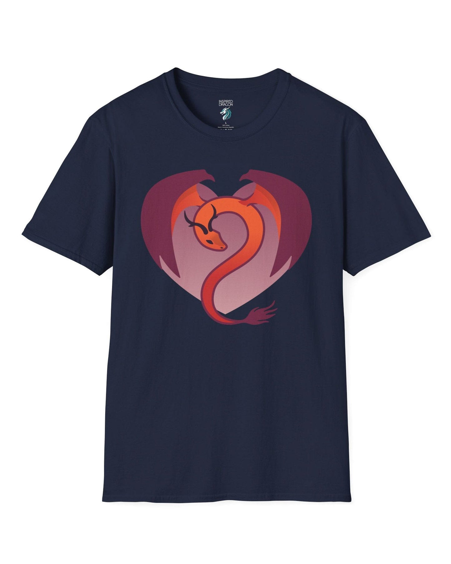 Dragon Heart shirt in navy, featuring a minimalist red and purple dragon curled into the shape of a heart.
