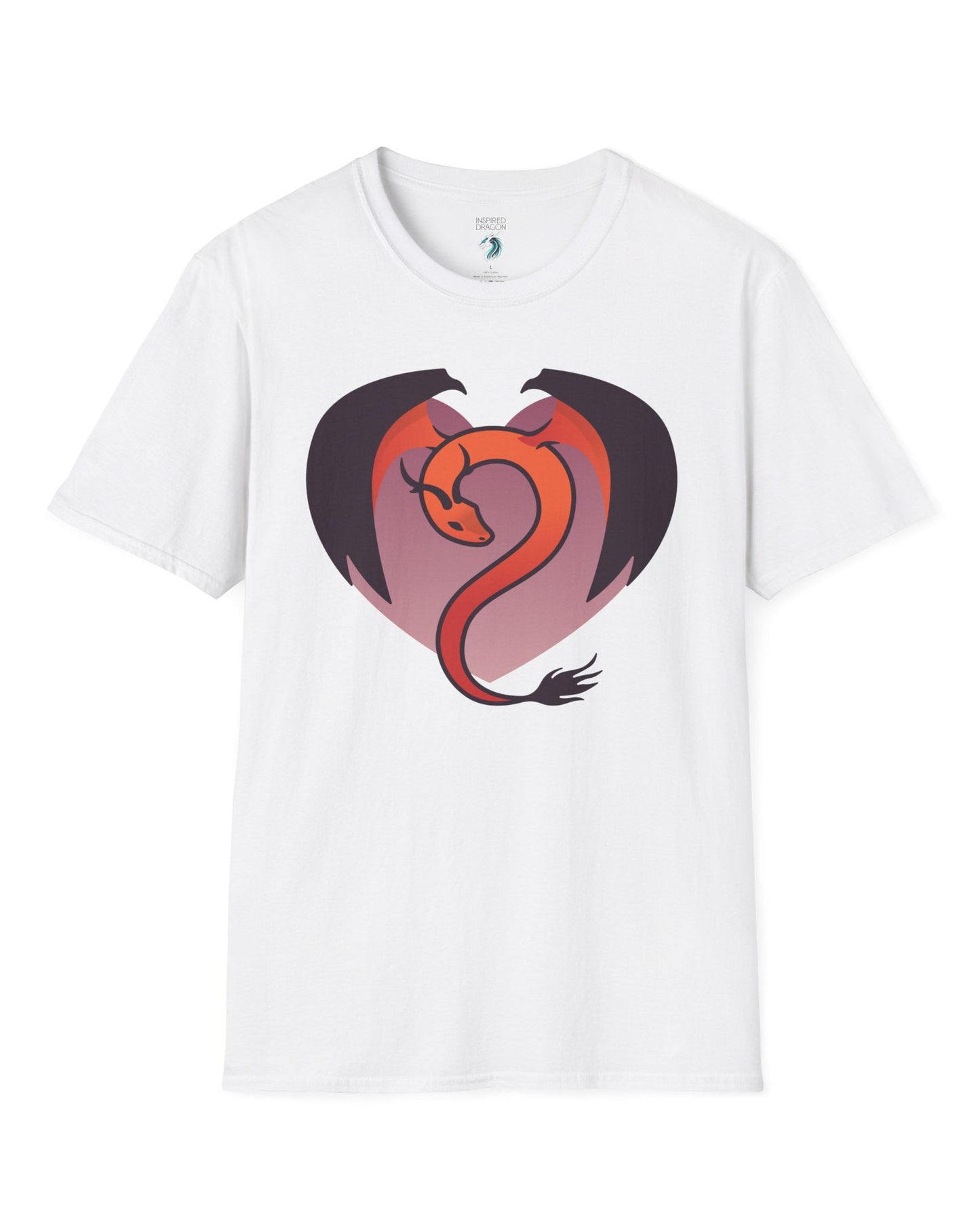 Dragon Heart shirt in white, featuring a minimalist red and purple dragon curled into the shape of a heart.