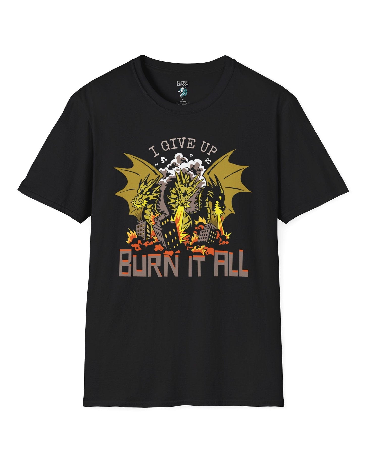 Burn It All shirt in black featuring a three-headed dragon breathing fire and destroying a city.