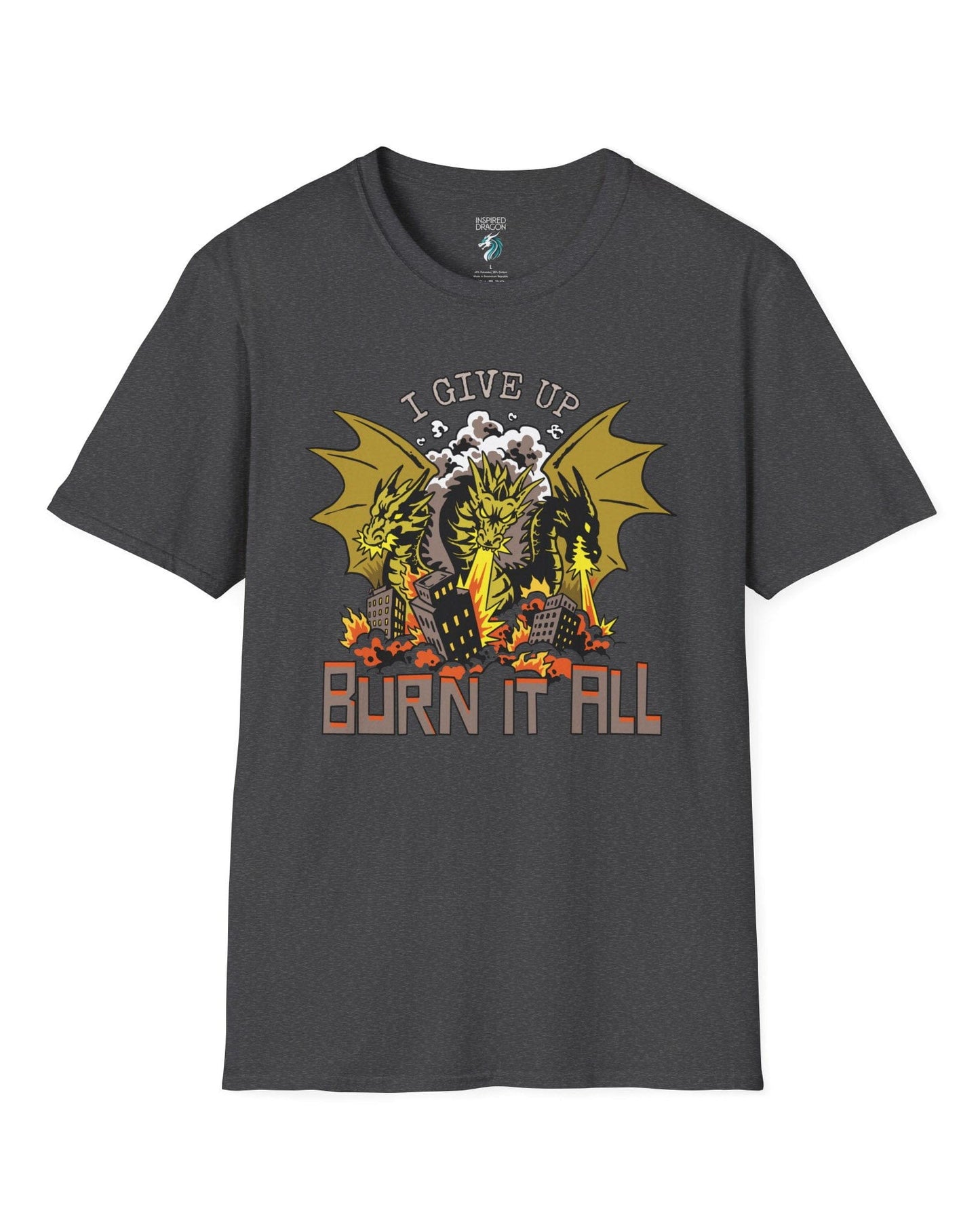 Burn It All shirt in dark heather grey featuring a three-headed dragon breathing fire and destroying a city.